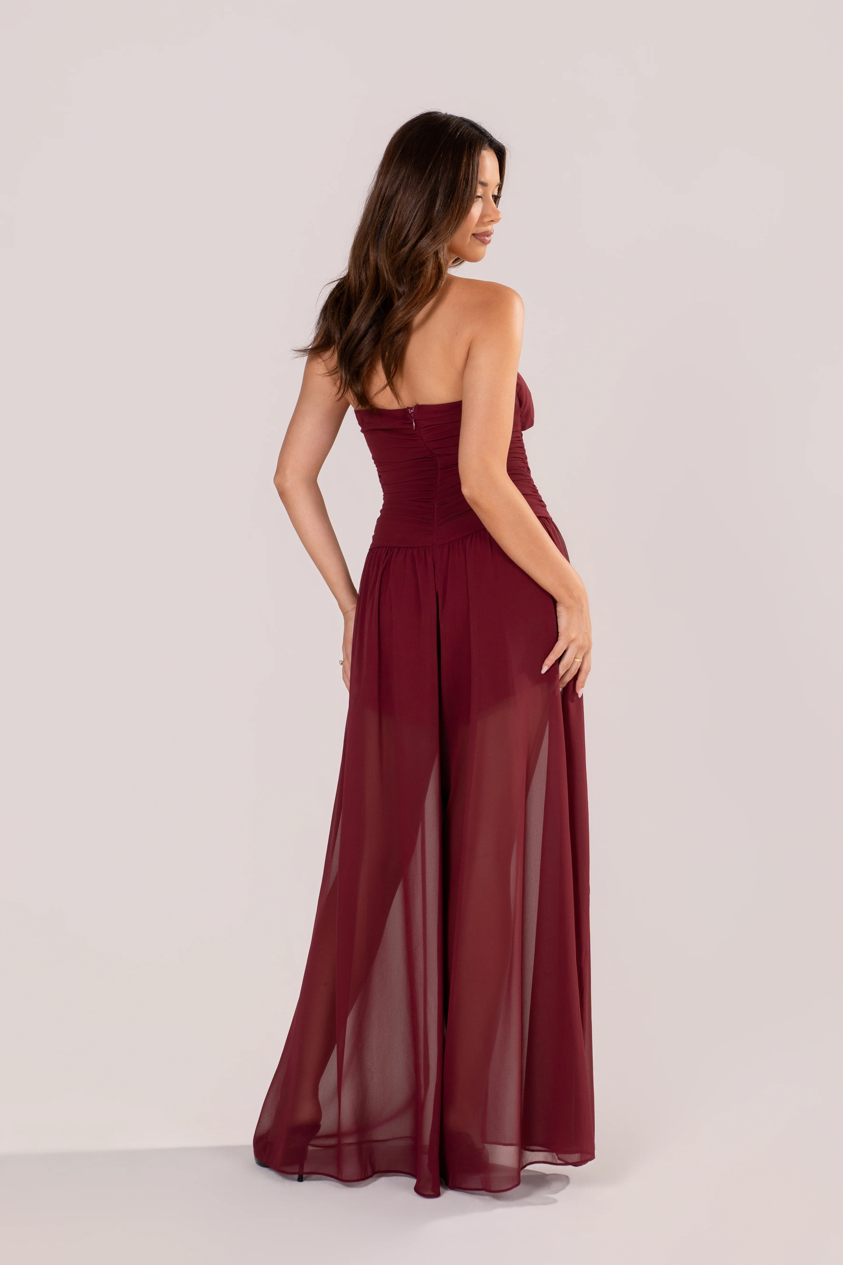 Evania Strapless Wine Jumpsuit with Sheer Overlay - Image 3