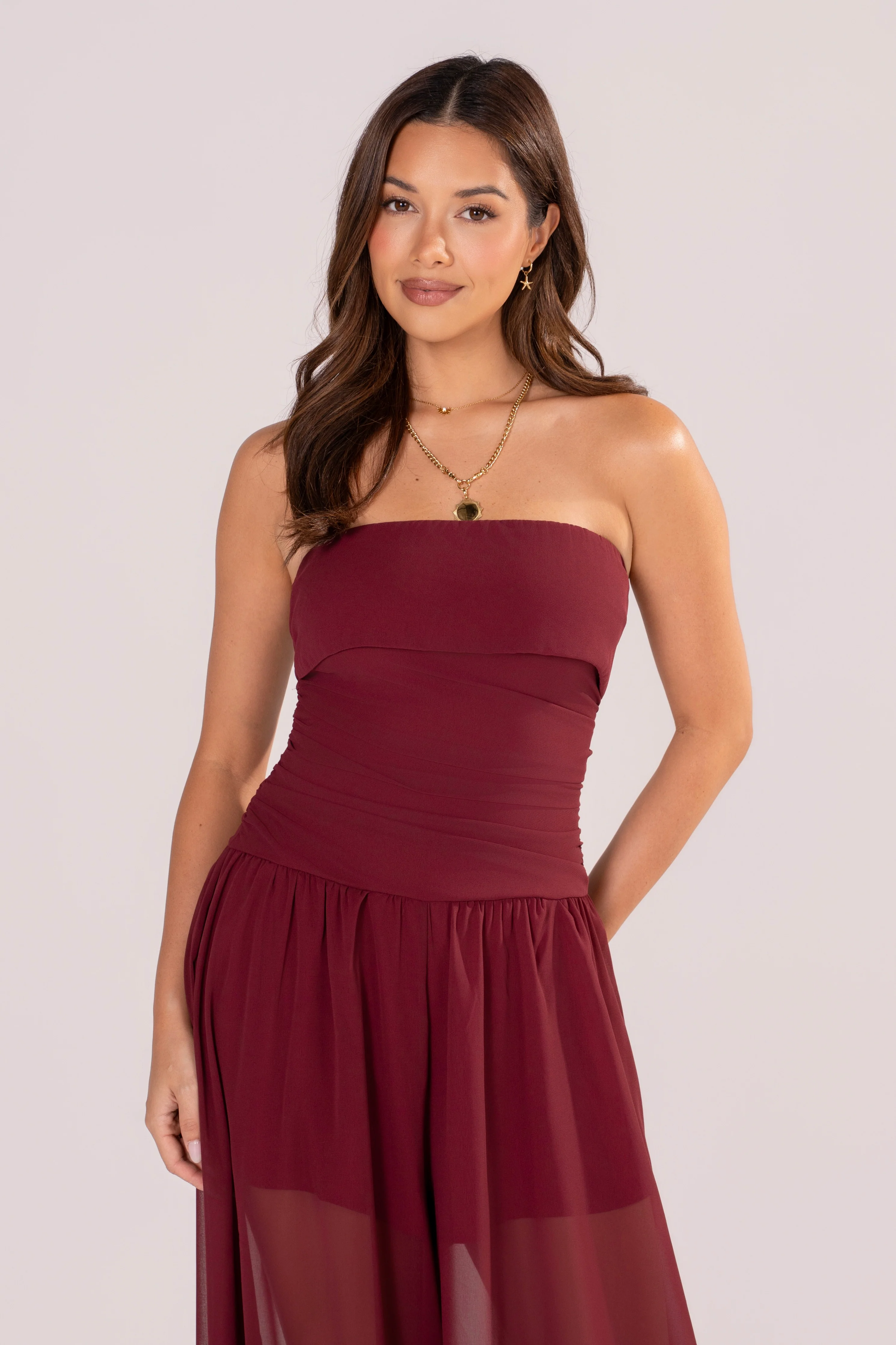 Evania Strapless Wine Jumpsuit with Sheer Overlay - Image 4