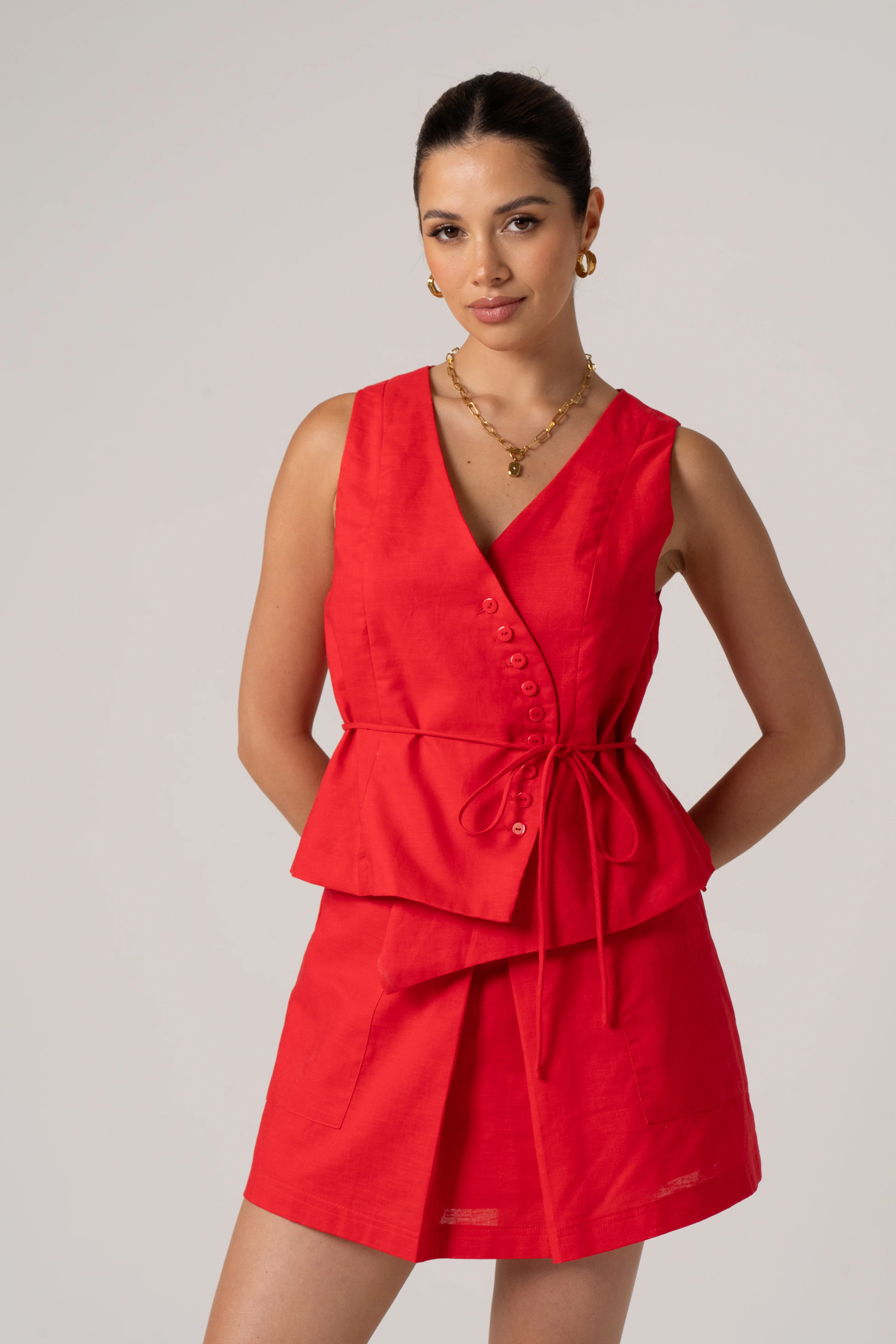 Eve Red Top & Short Set with Waist Tie