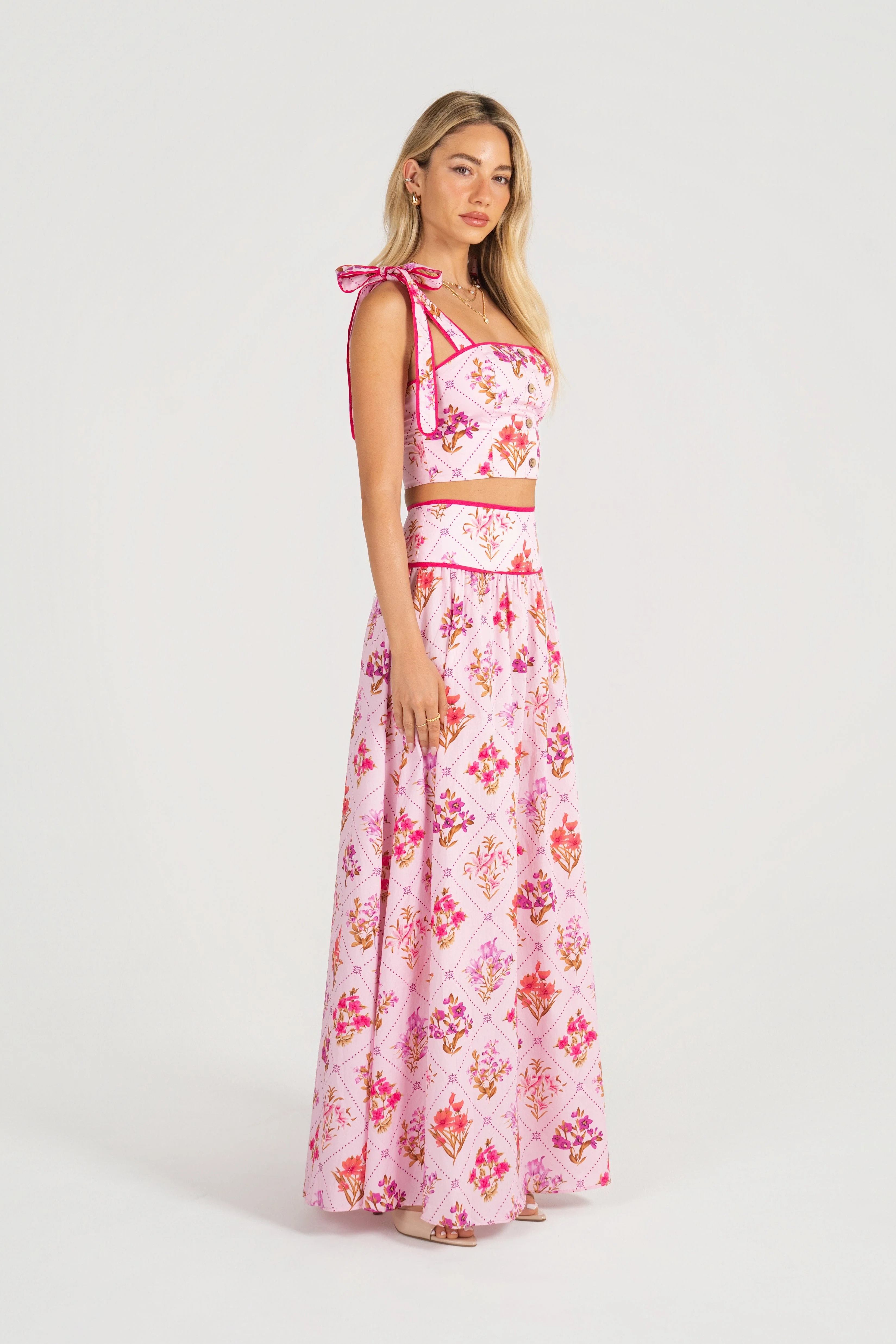 Everly Pink Floral Two Piece Set - Adjustable Tie Cropped Top & Maxi Skirt - Image 4
