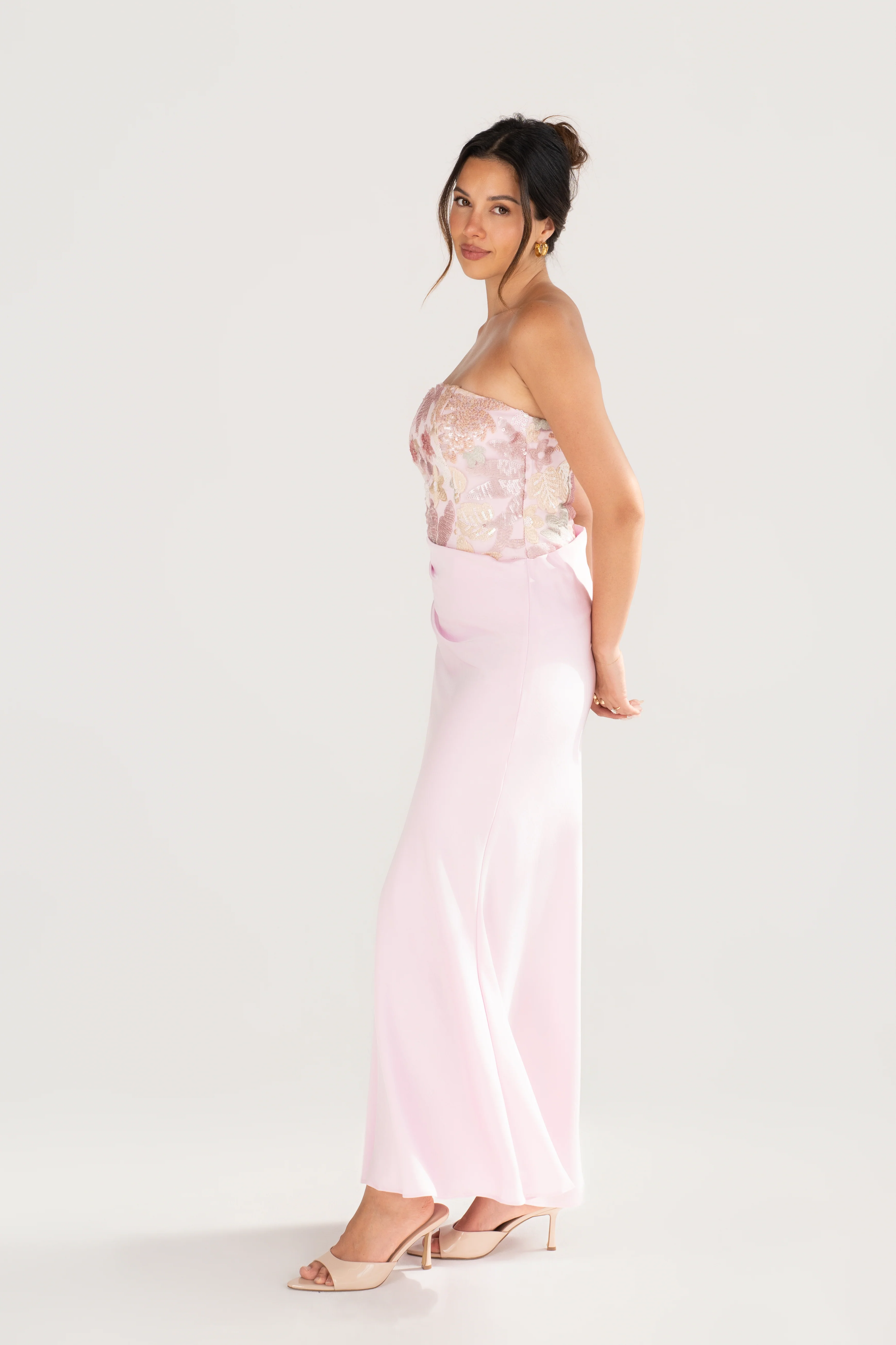 Evren Pink Embellished Sequin Bodice Dress with Satin Skirt - Image 2