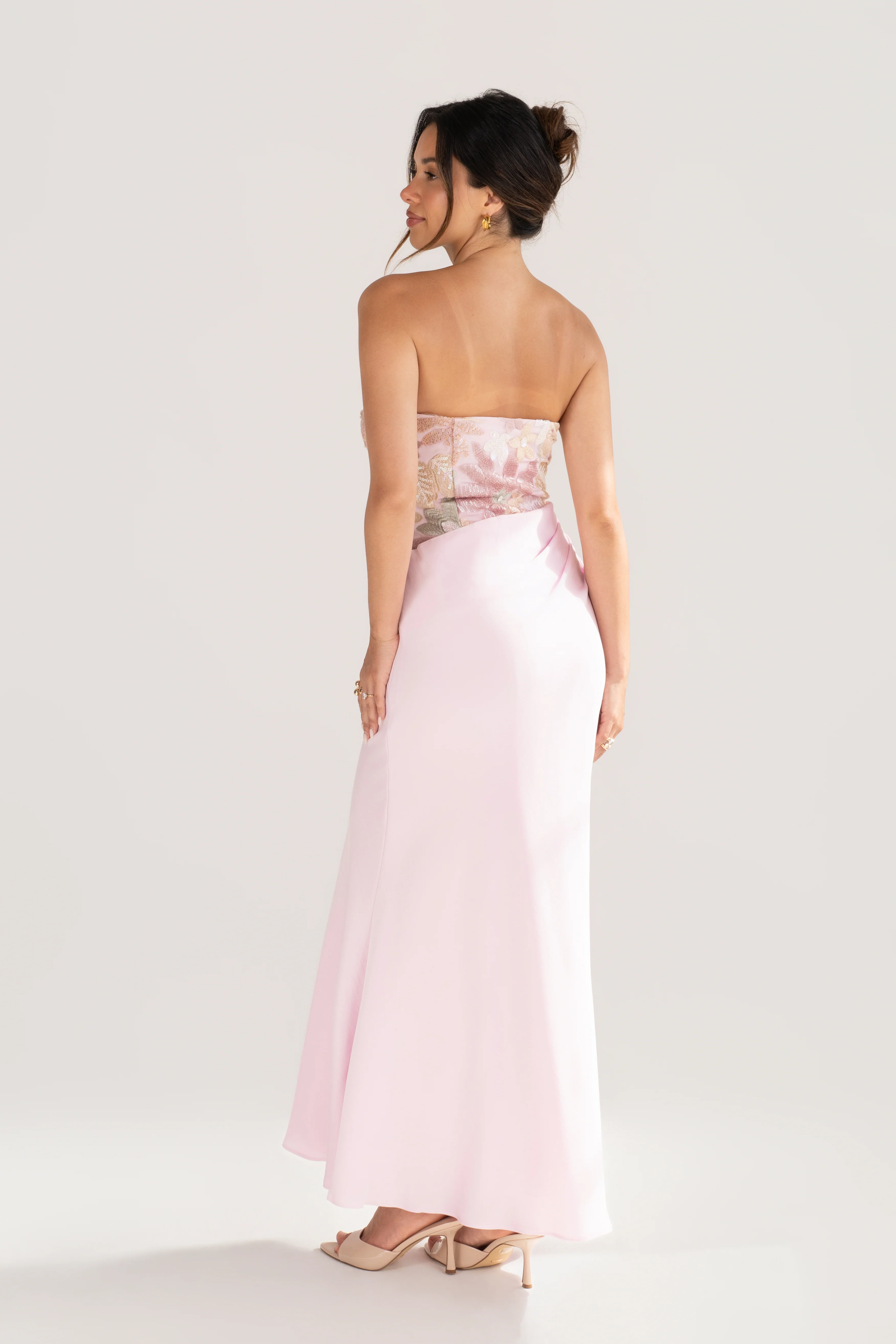 Evren Pink Embellished Sequin Bodice Dress with Satin Skirt - Image 3
