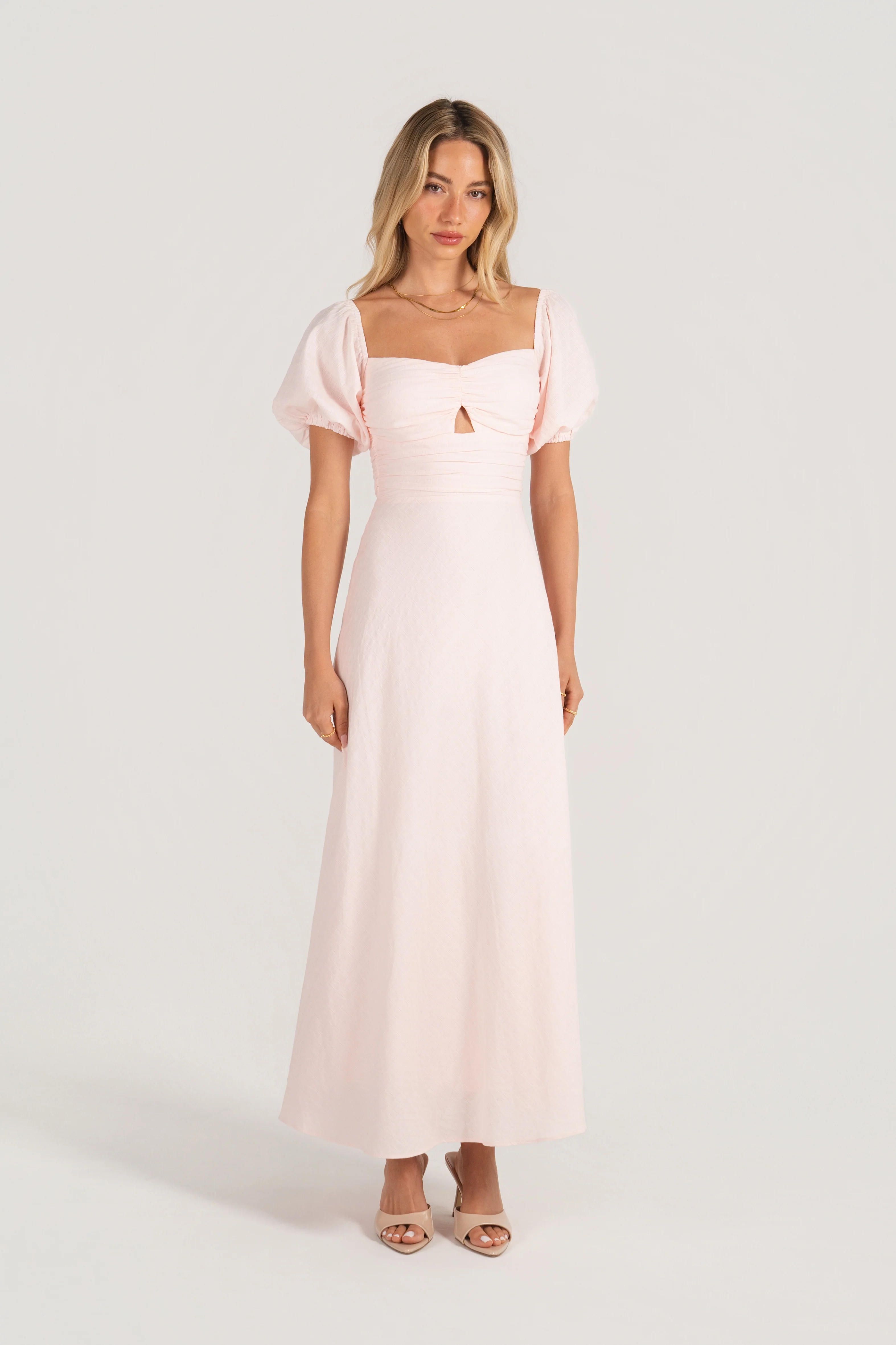 Felicia Soft Pink Puff Sleeve Midi Dress