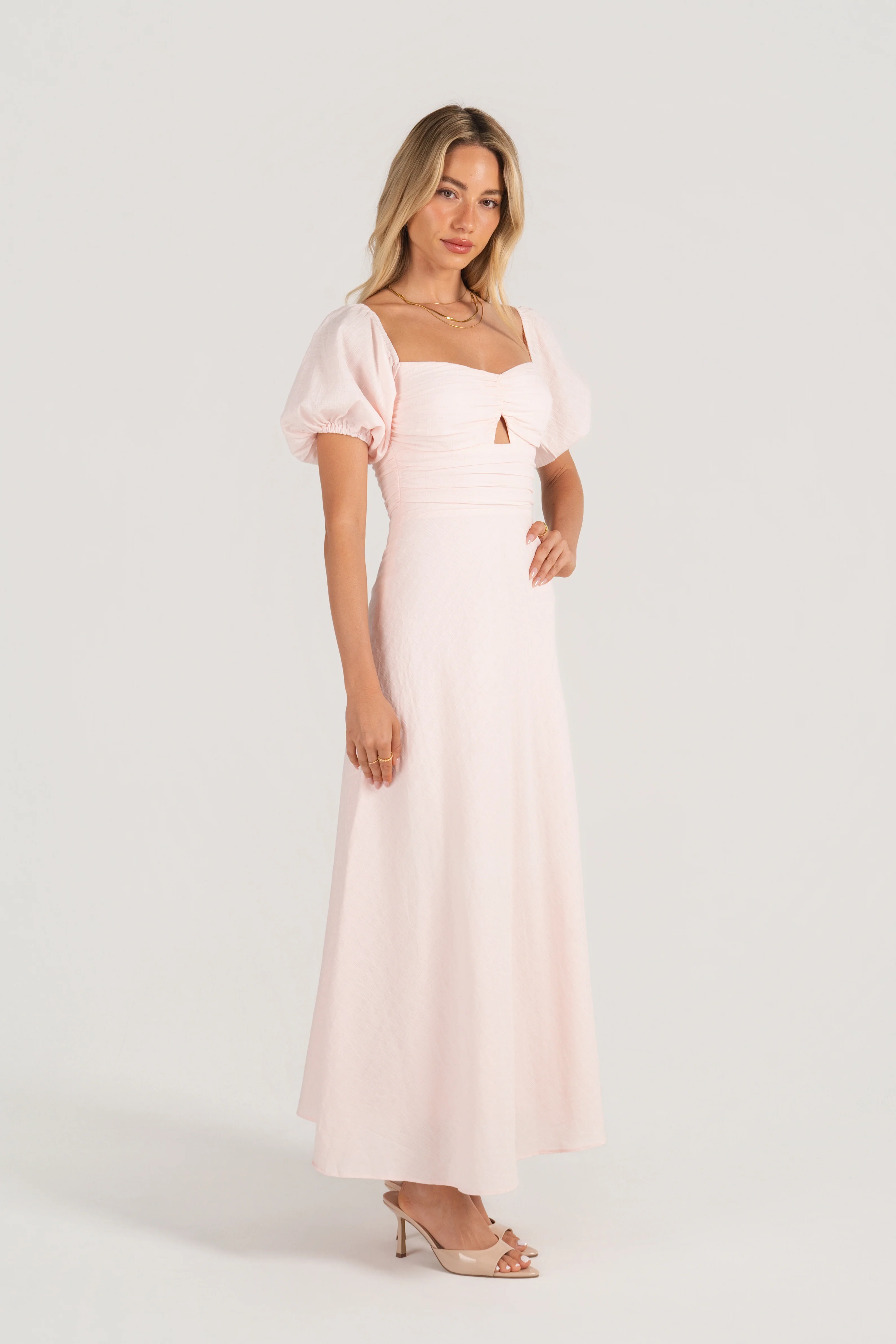 Felicia Soft Pink Puff Sleeve Midi Dress - Image 2