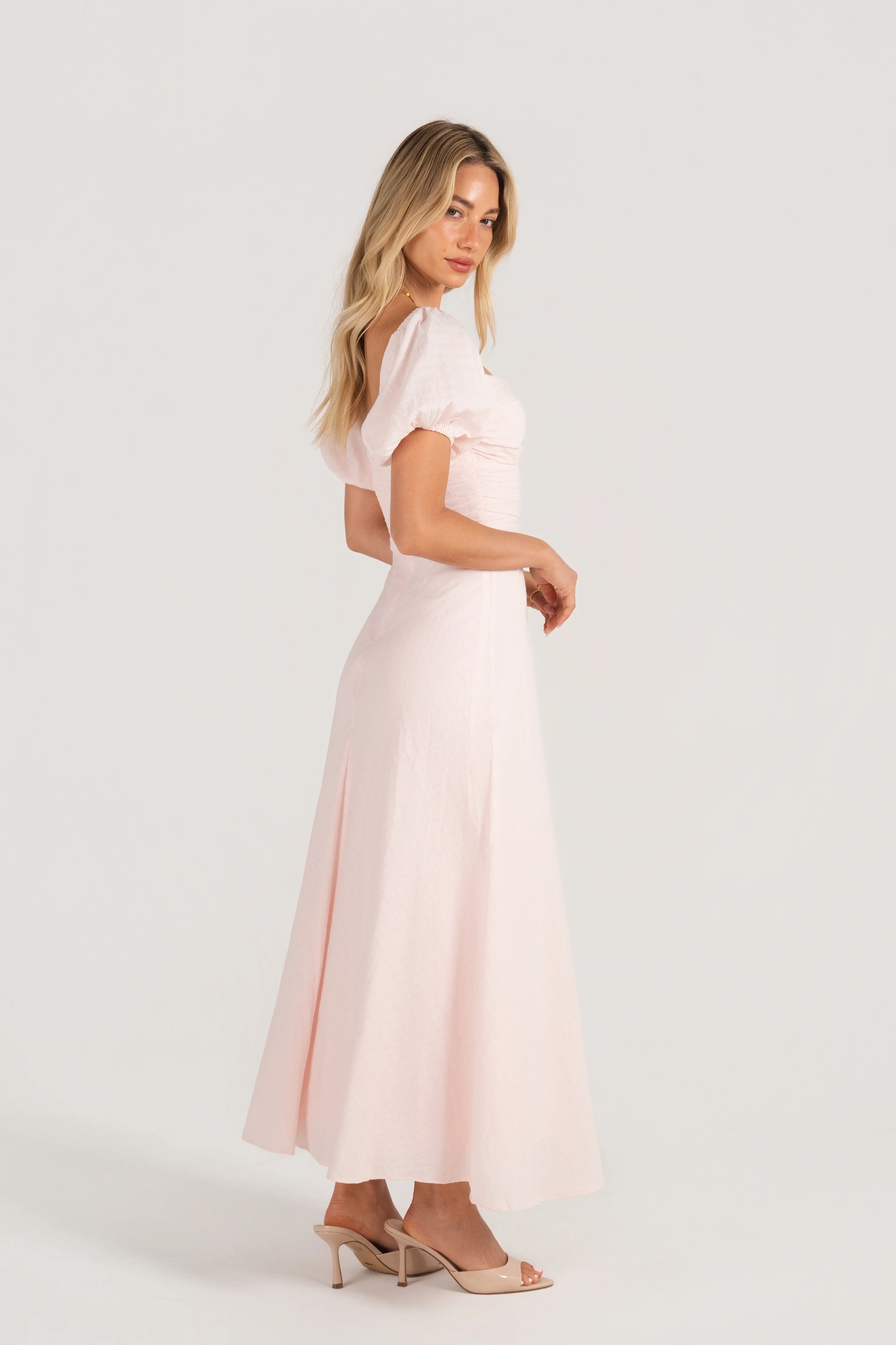 Felicia Soft Pink Puff Sleeve Midi Dress - Image 3