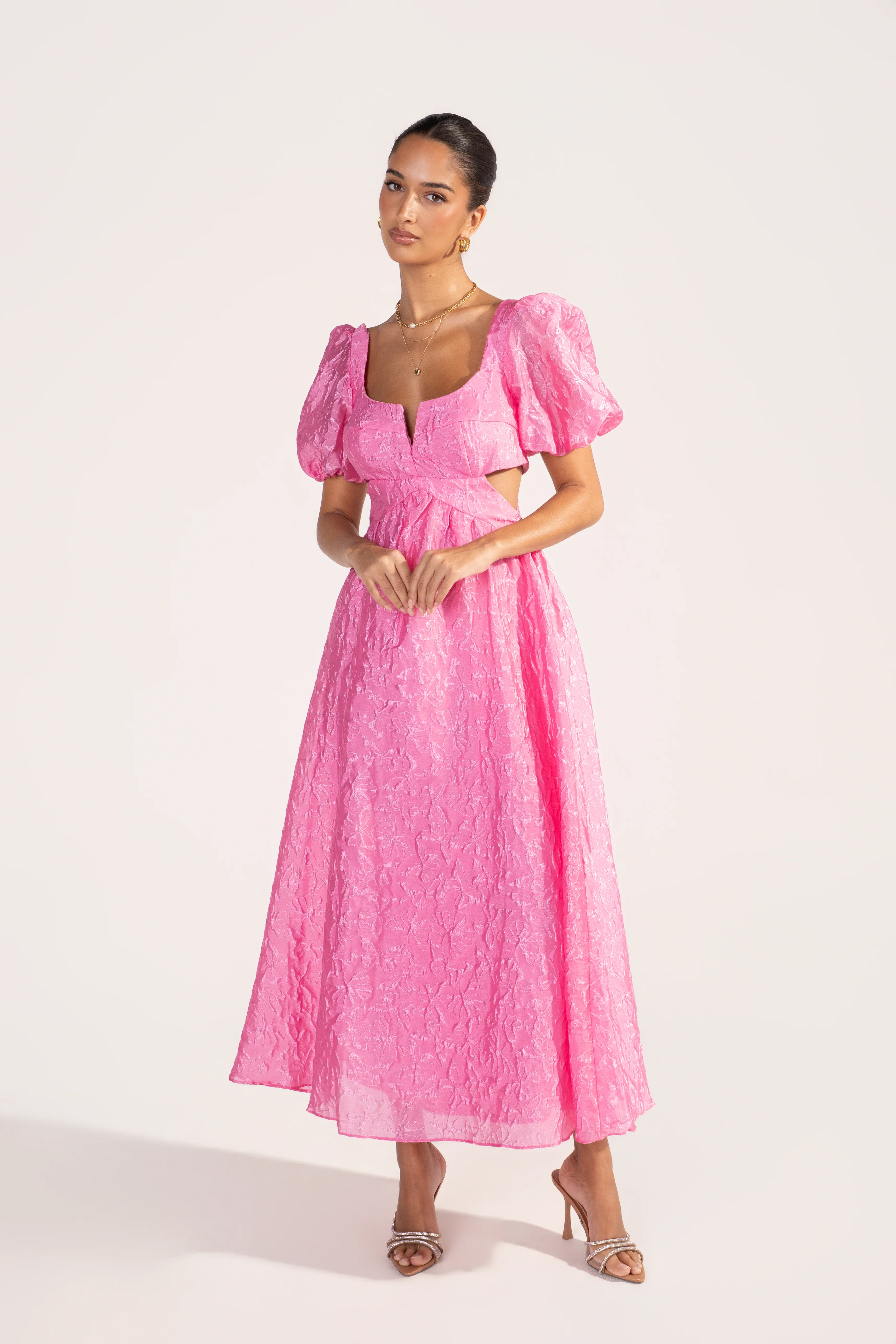 Fenella Pink Butterfly Print Puff Sleeve Maxi Dress