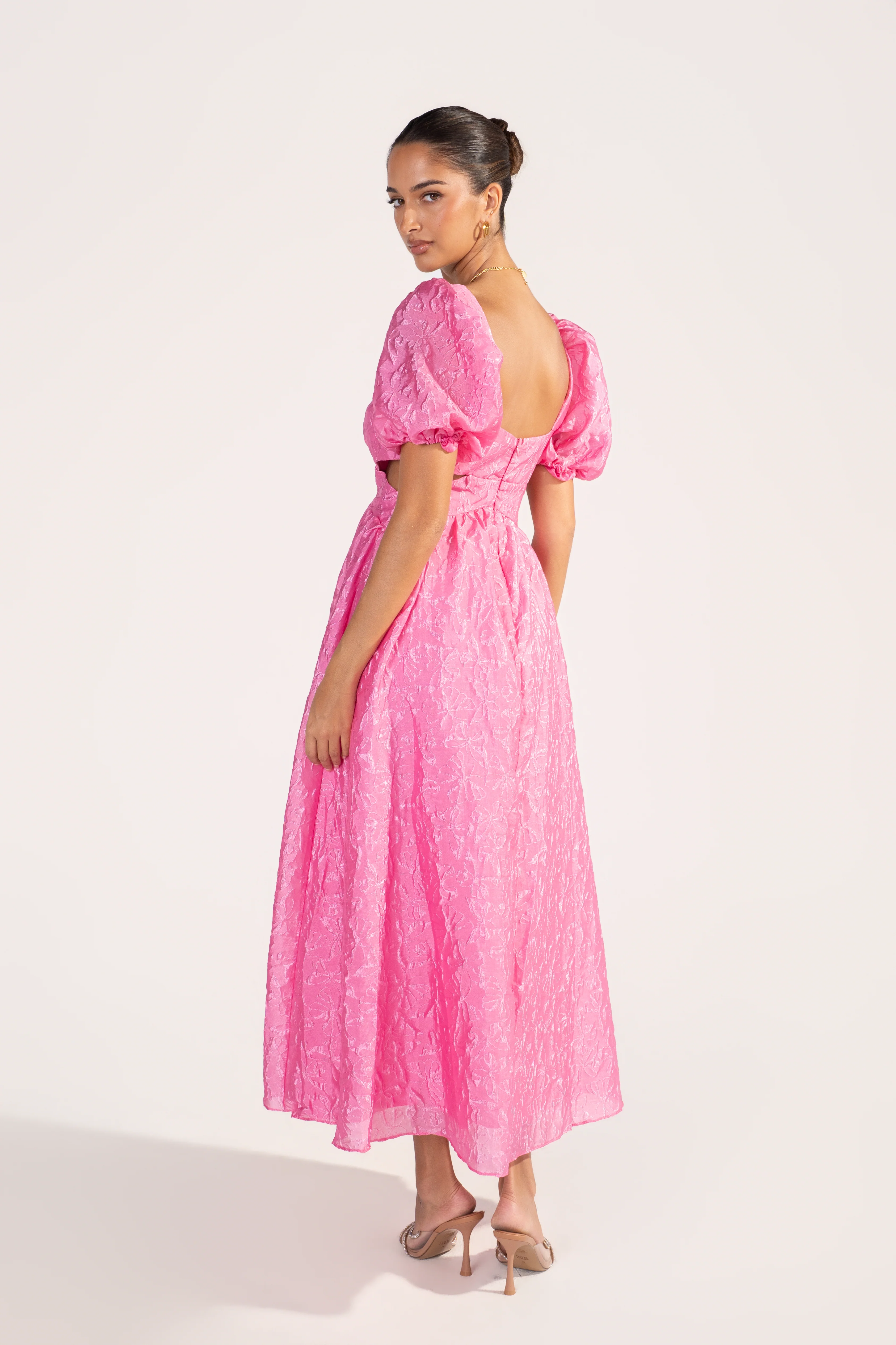 Fenella Pink Butterfly Print Puff Sleeve Maxi Dress - Image 3
