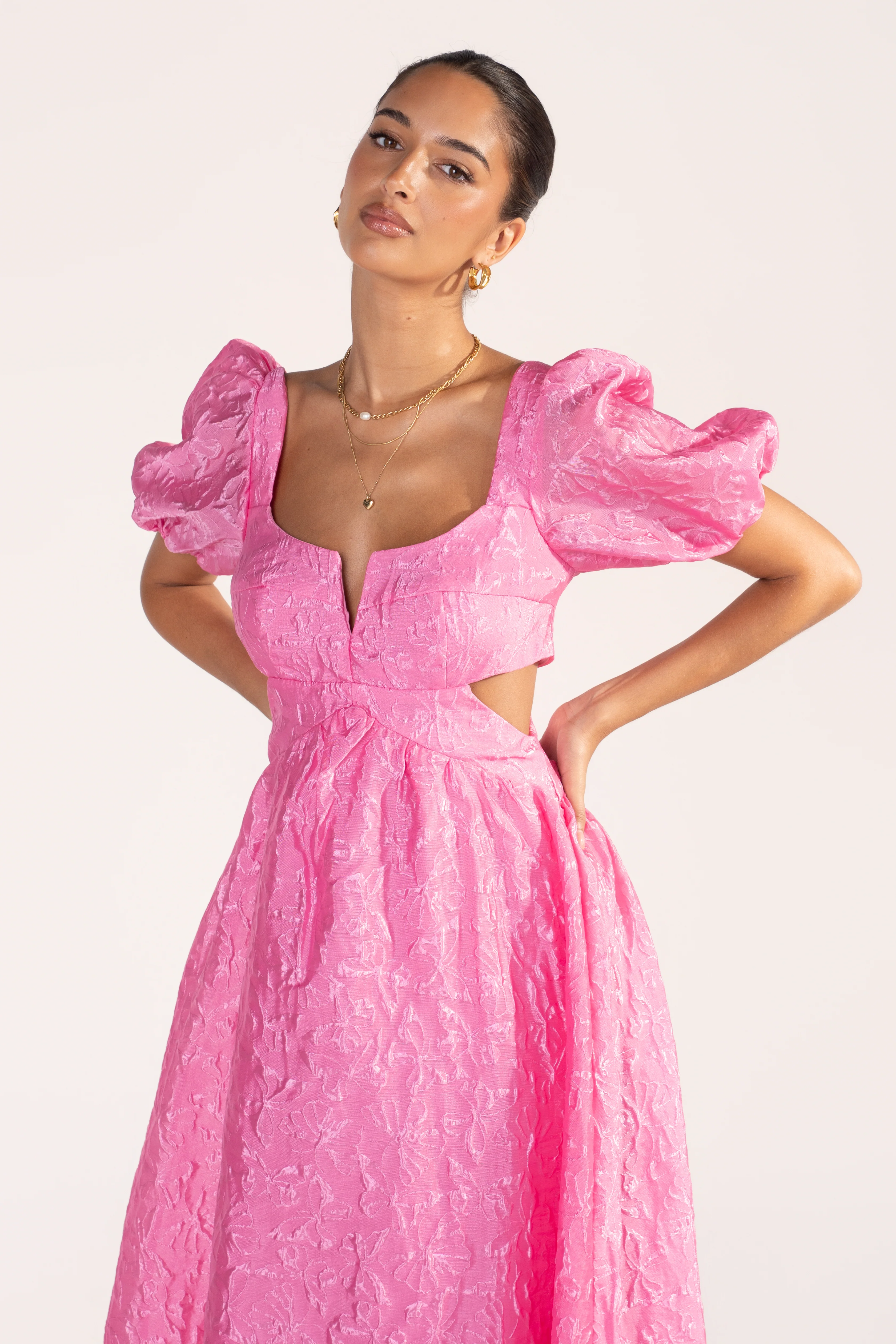 Fenella Pink Butterfly Print Puff Sleeve Maxi Dress - Image 4