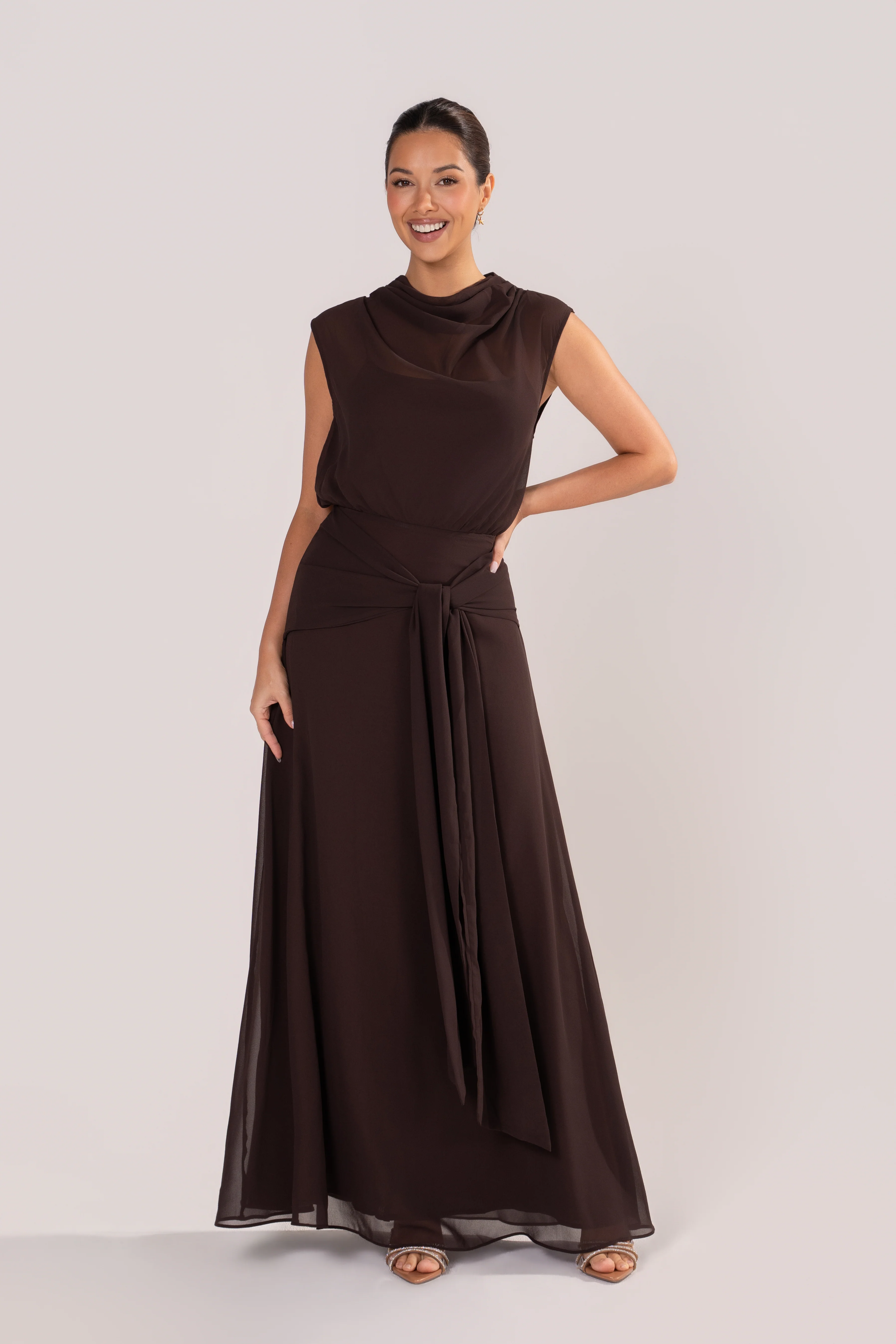 Fidelia Chocolate Maxi Dress with Sheer Cowl Overlay