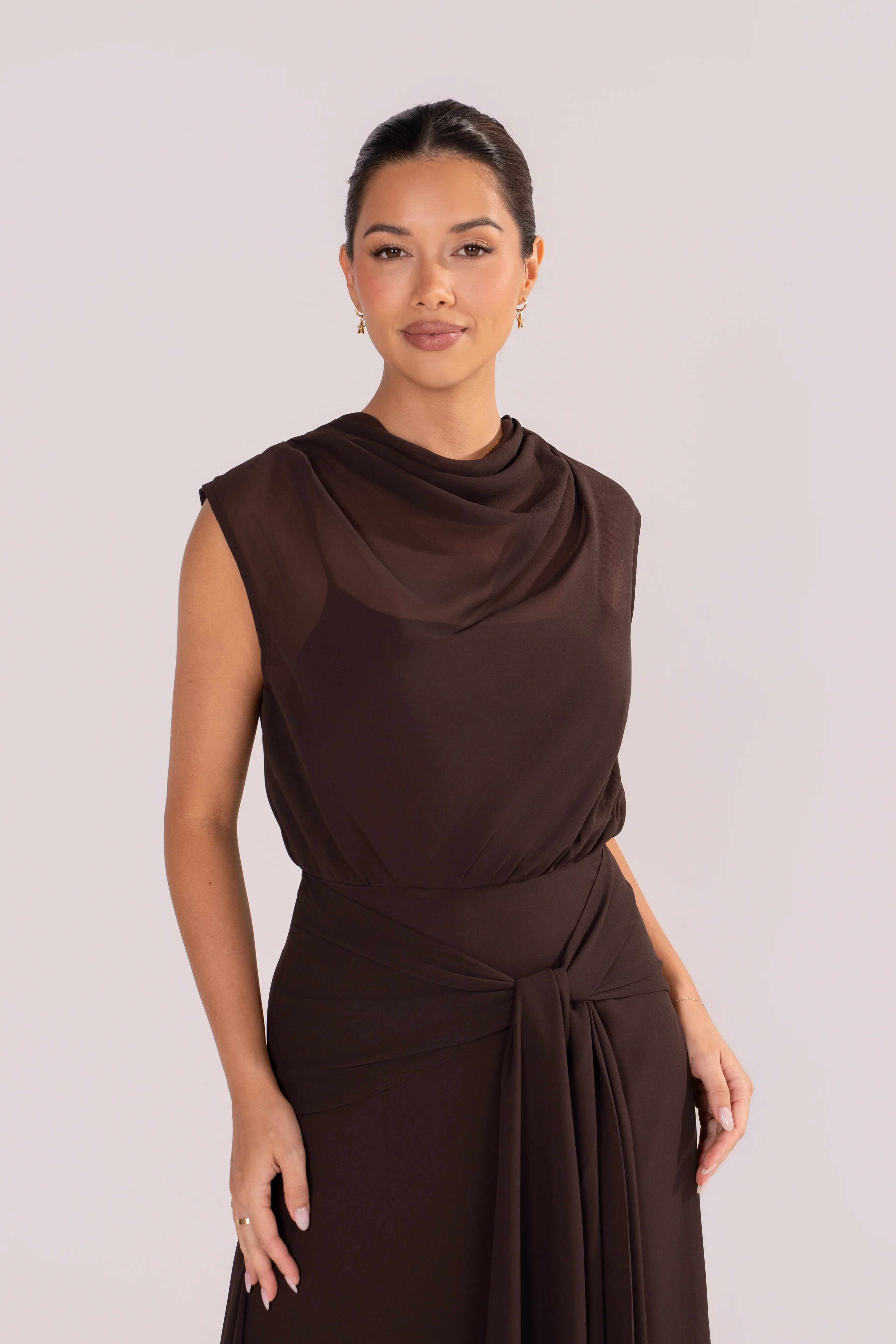 Fidelia Chocolate Maxi Dress with Sheer Cowl Overlay - Image 2