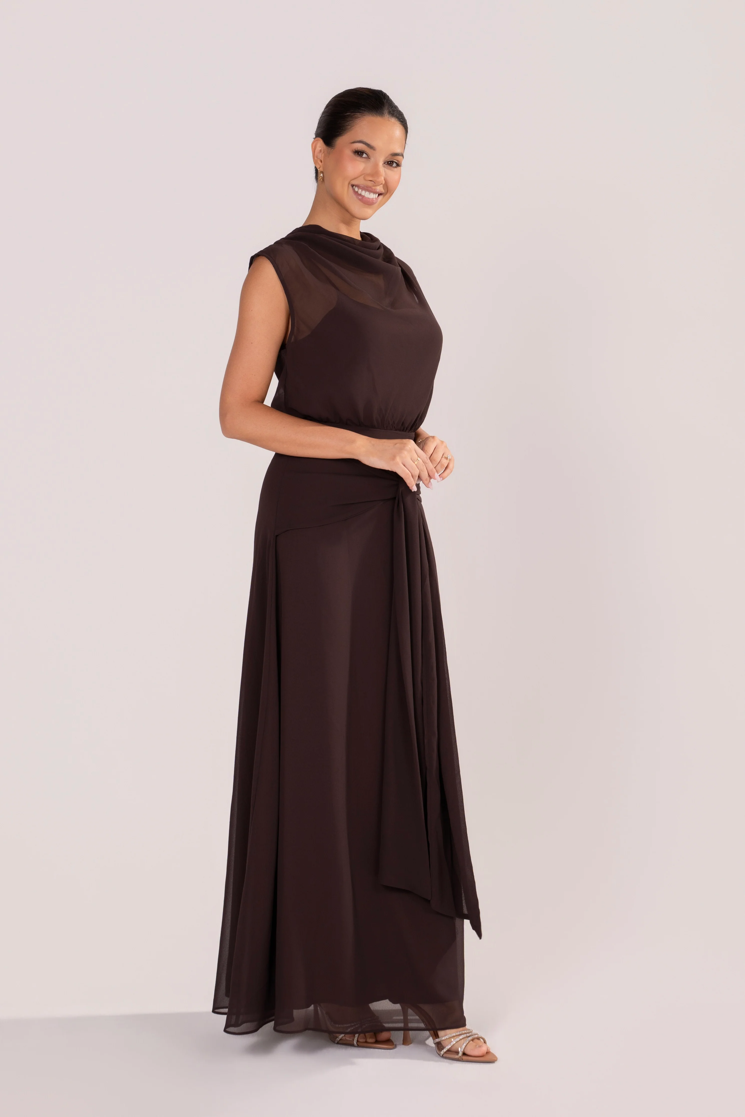 Fidelia Chocolate Maxi Dress with Sheer Cowl Overlay - Image 3