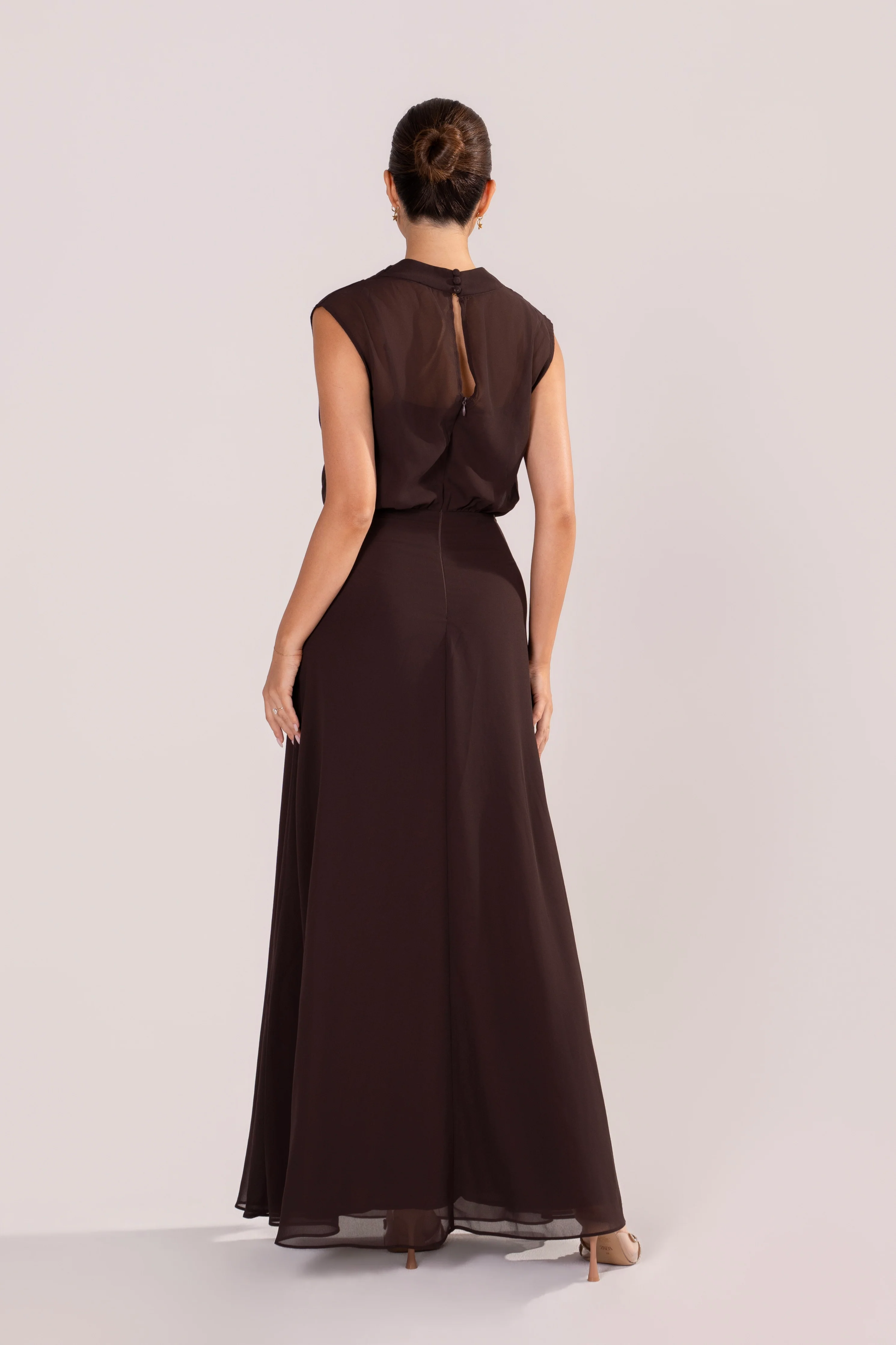 Fidelia Chocolate Maxi Dress with Sheer Cowl Overlay - Image 4