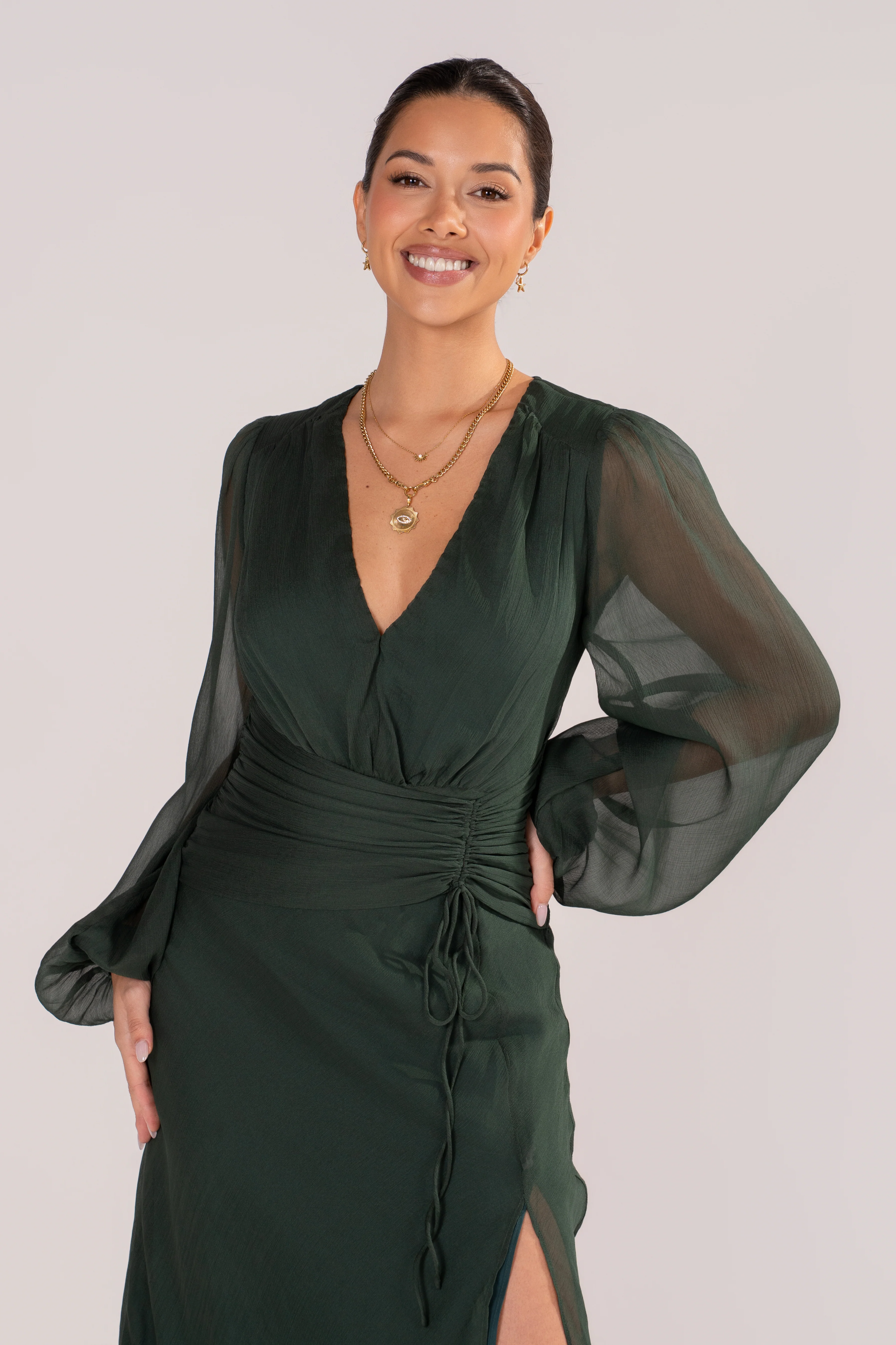 Fletcher Sheer Long Sleeve Green Maxi Dress - Image 4