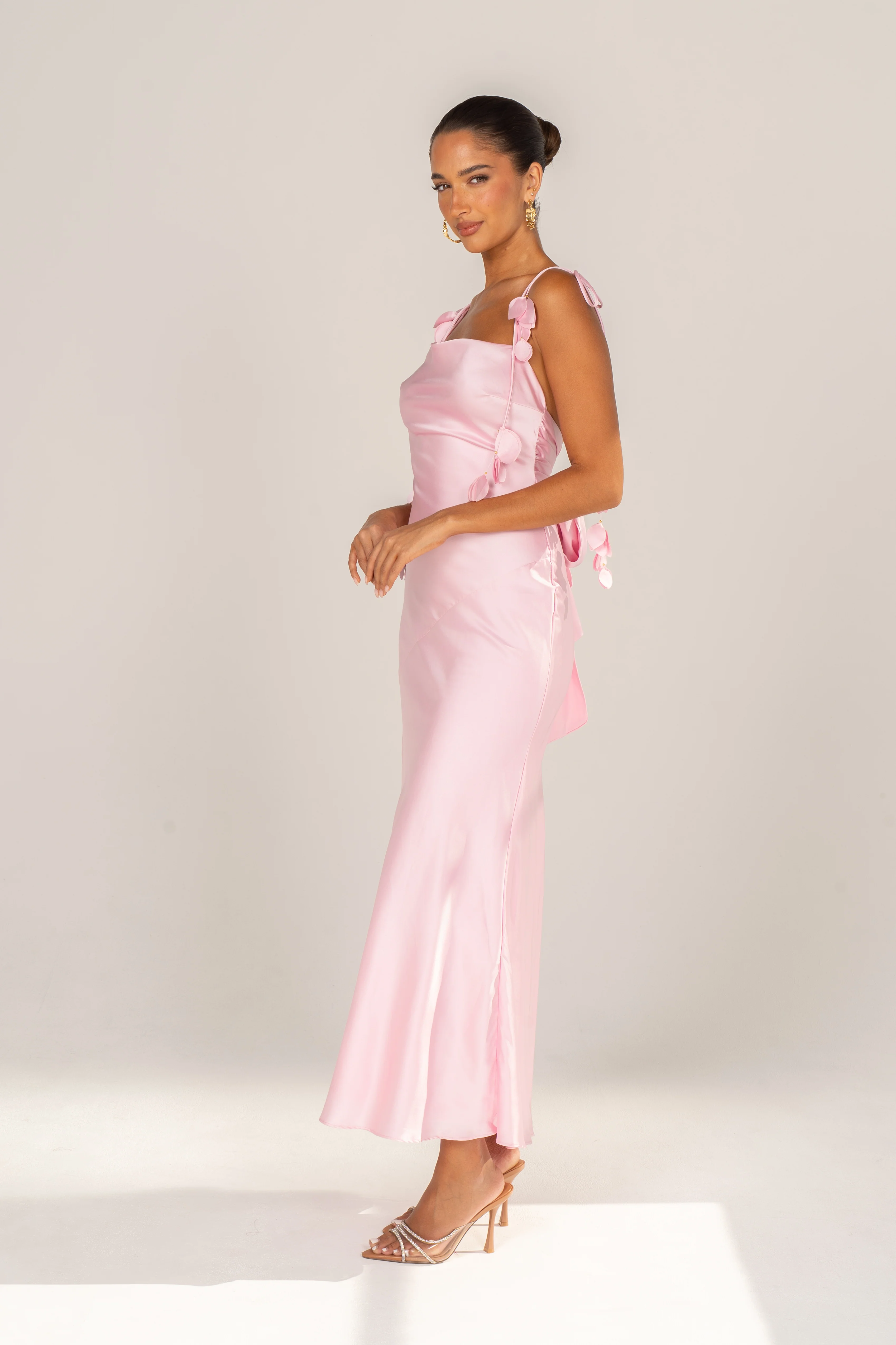 Francine Pink Evening Dress with Floral Tie Straps - Image 3