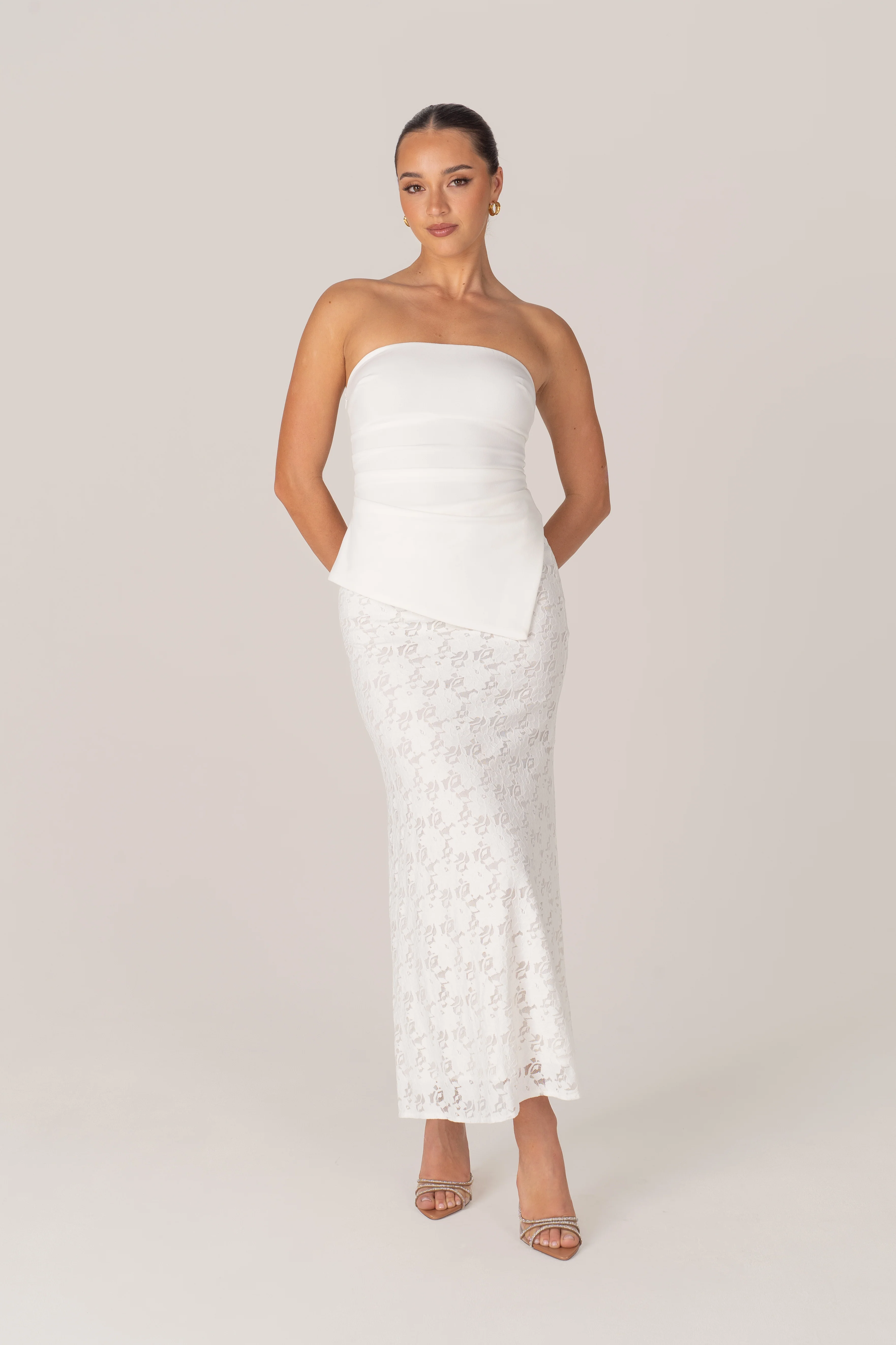 Genevieve Set - Strapless Asymmetrical Hem Top & Lace Midi Skirt