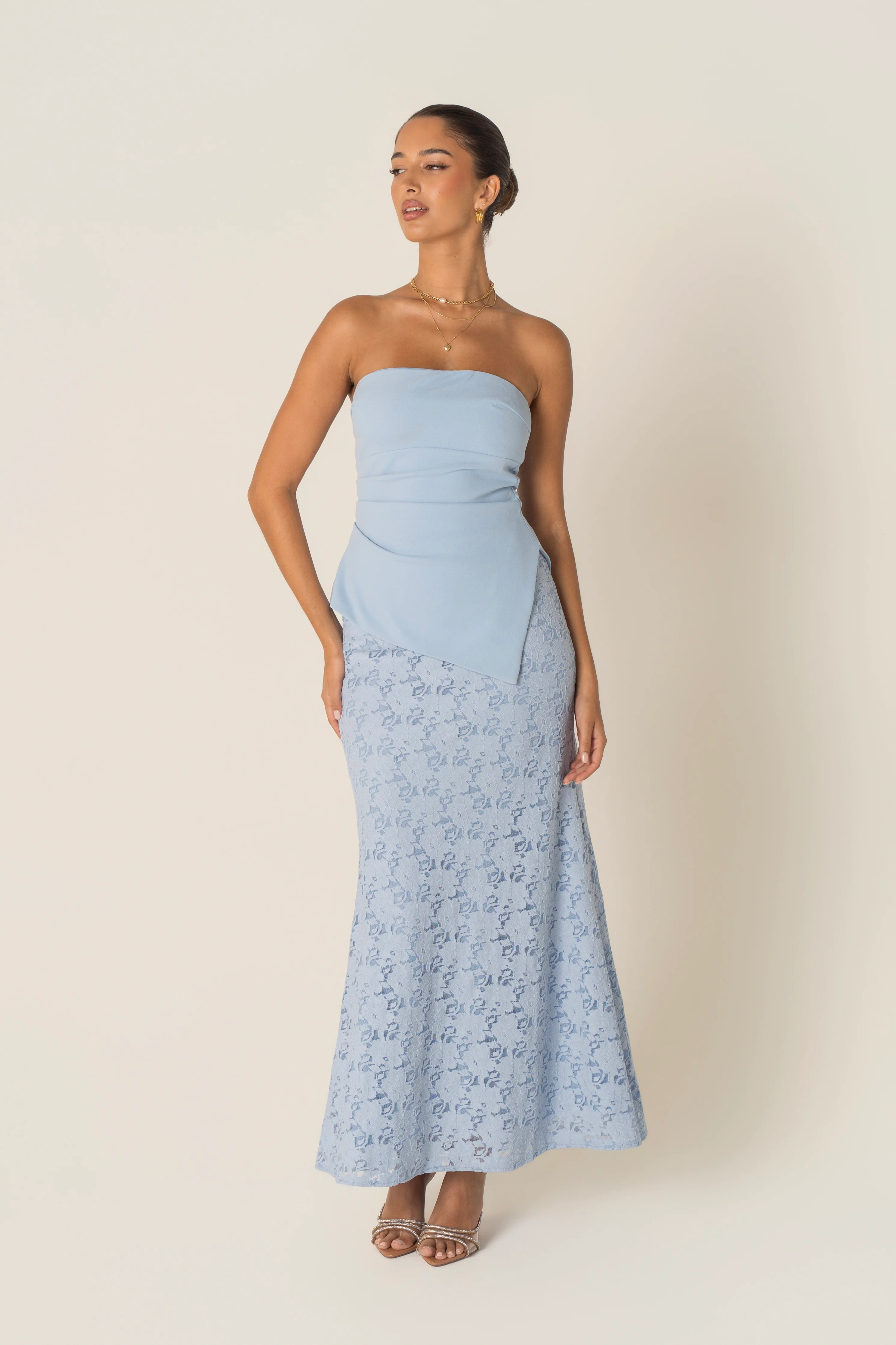 Genevieve Set - Strapless Asymmetrical Hem Top & Lace Midi Skirt - Image 11