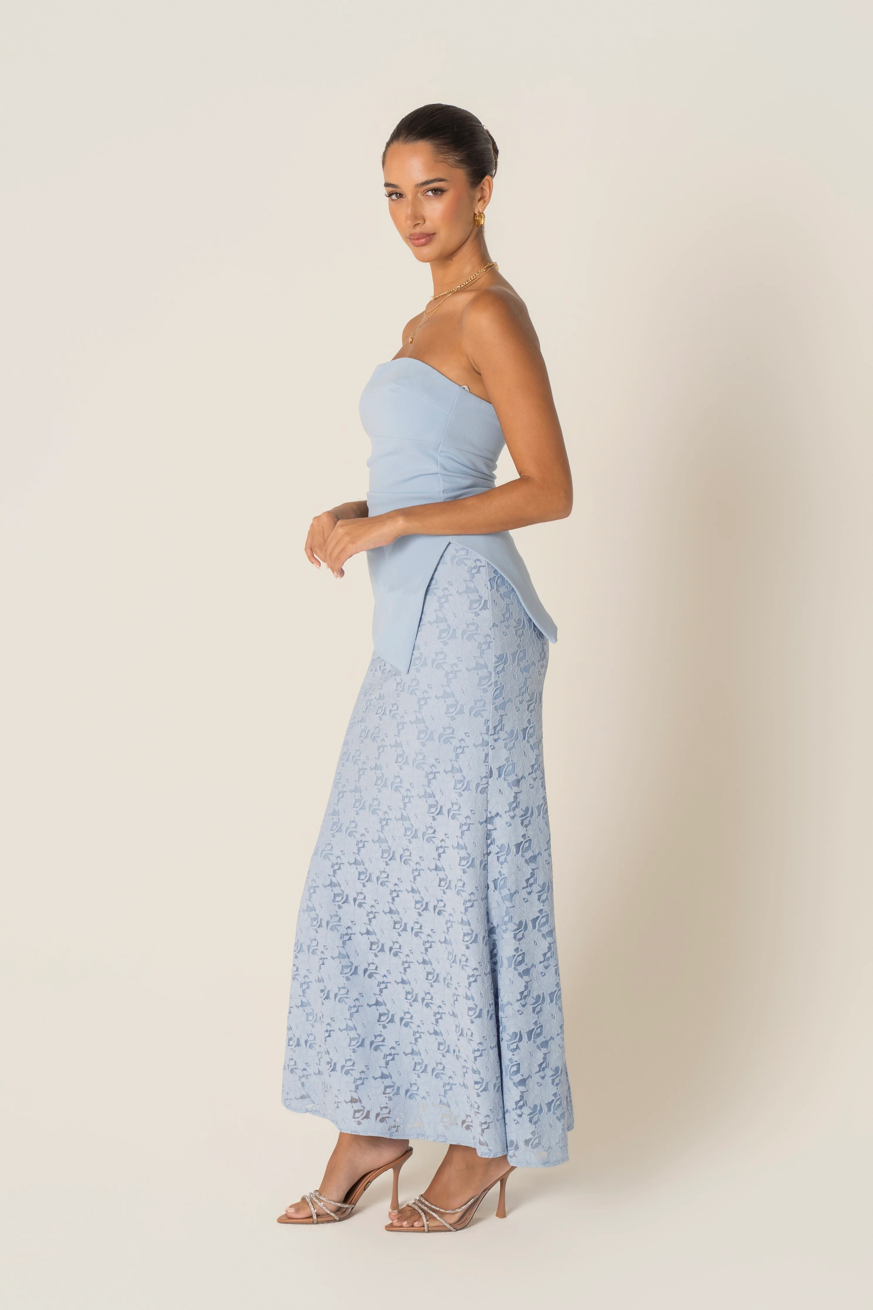 Genevieve Set - Strapless Asymmetrical Hem Top & Lace Midi Skirt - Image 12