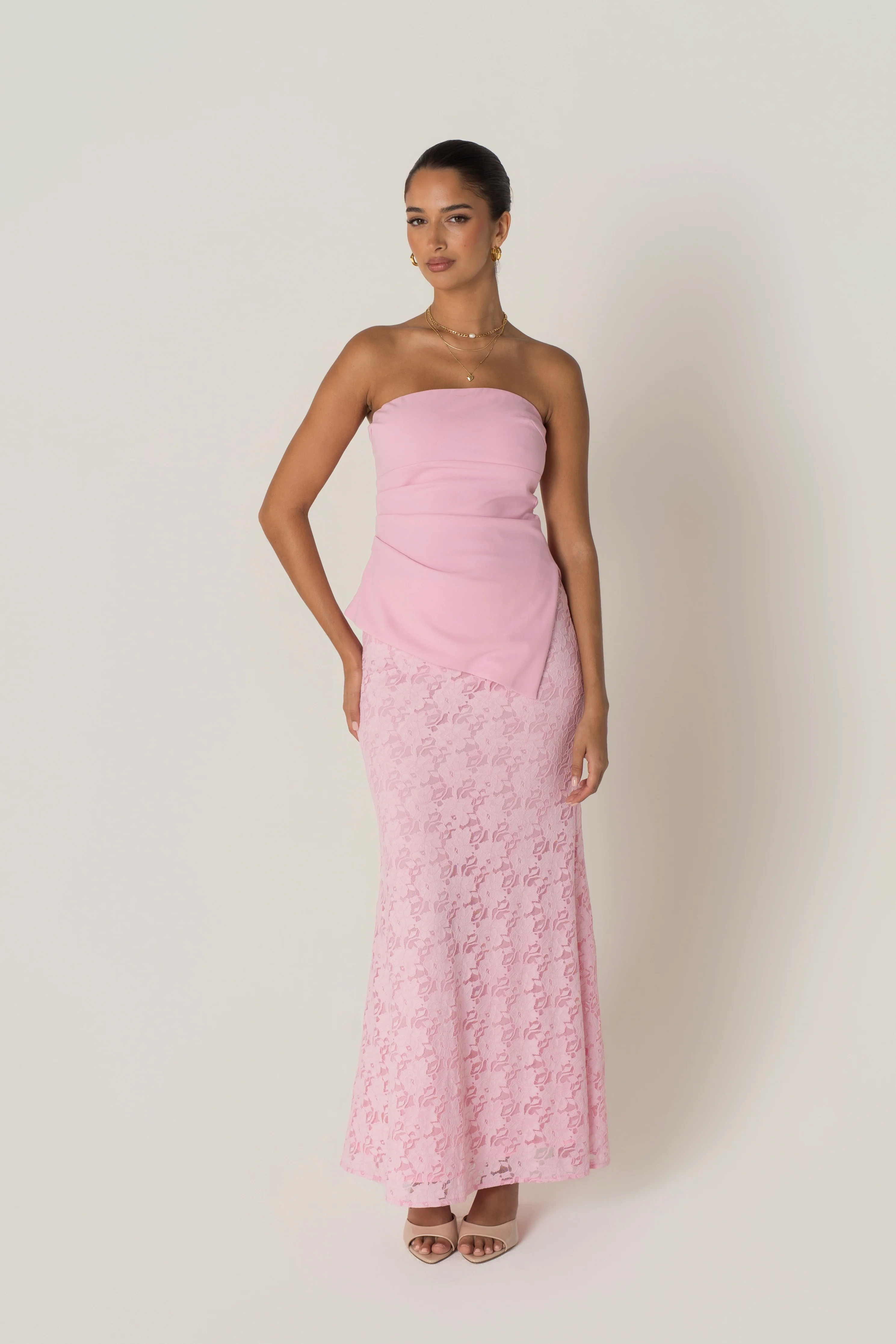 Genevieve Set - Strapless Asymmetrical Hem Top & Lace Midi Skirt - Image 14