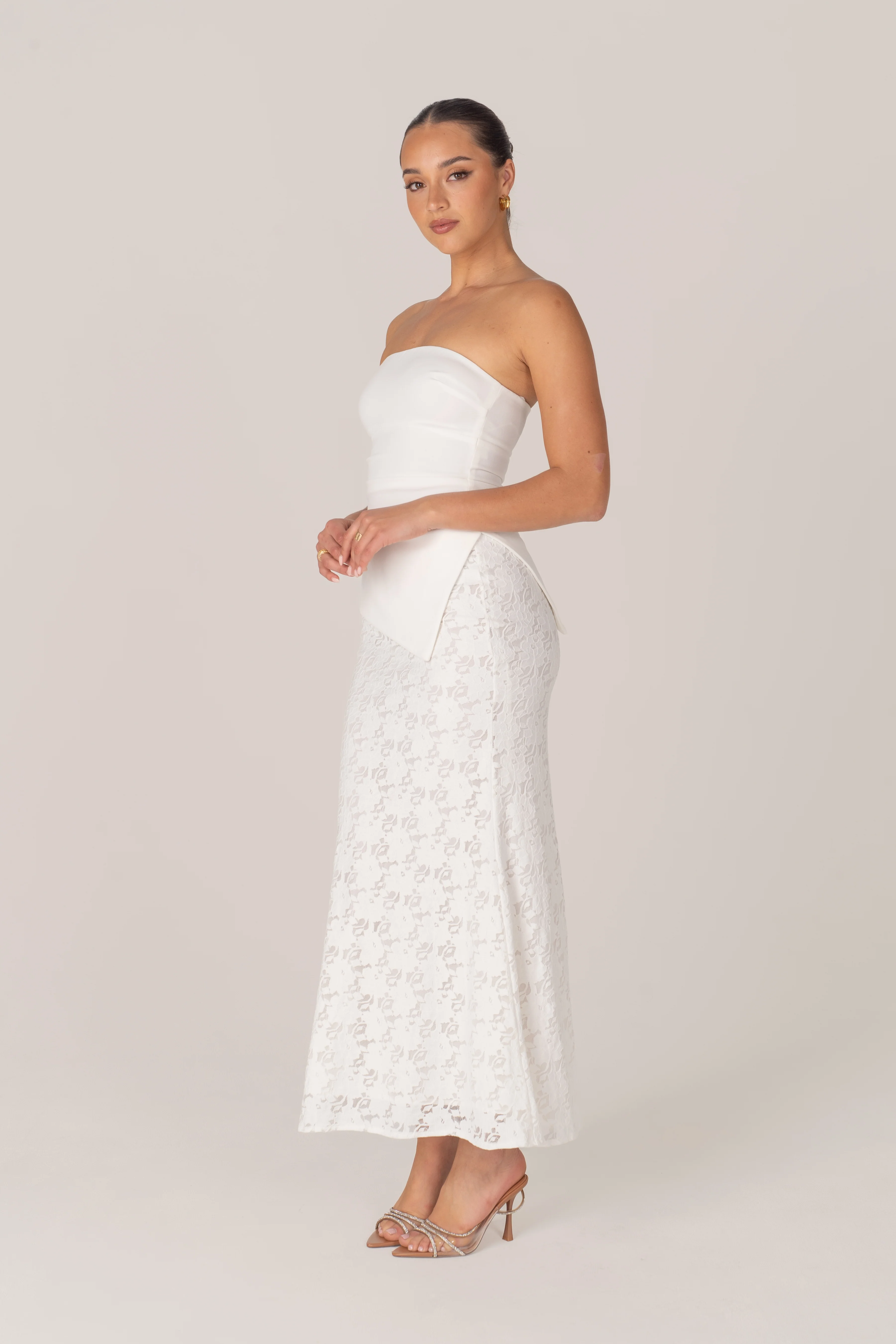 Genevieve Set - Strapless Asymmetrical Hem Top & Lace Midi Skirt - Image 3
