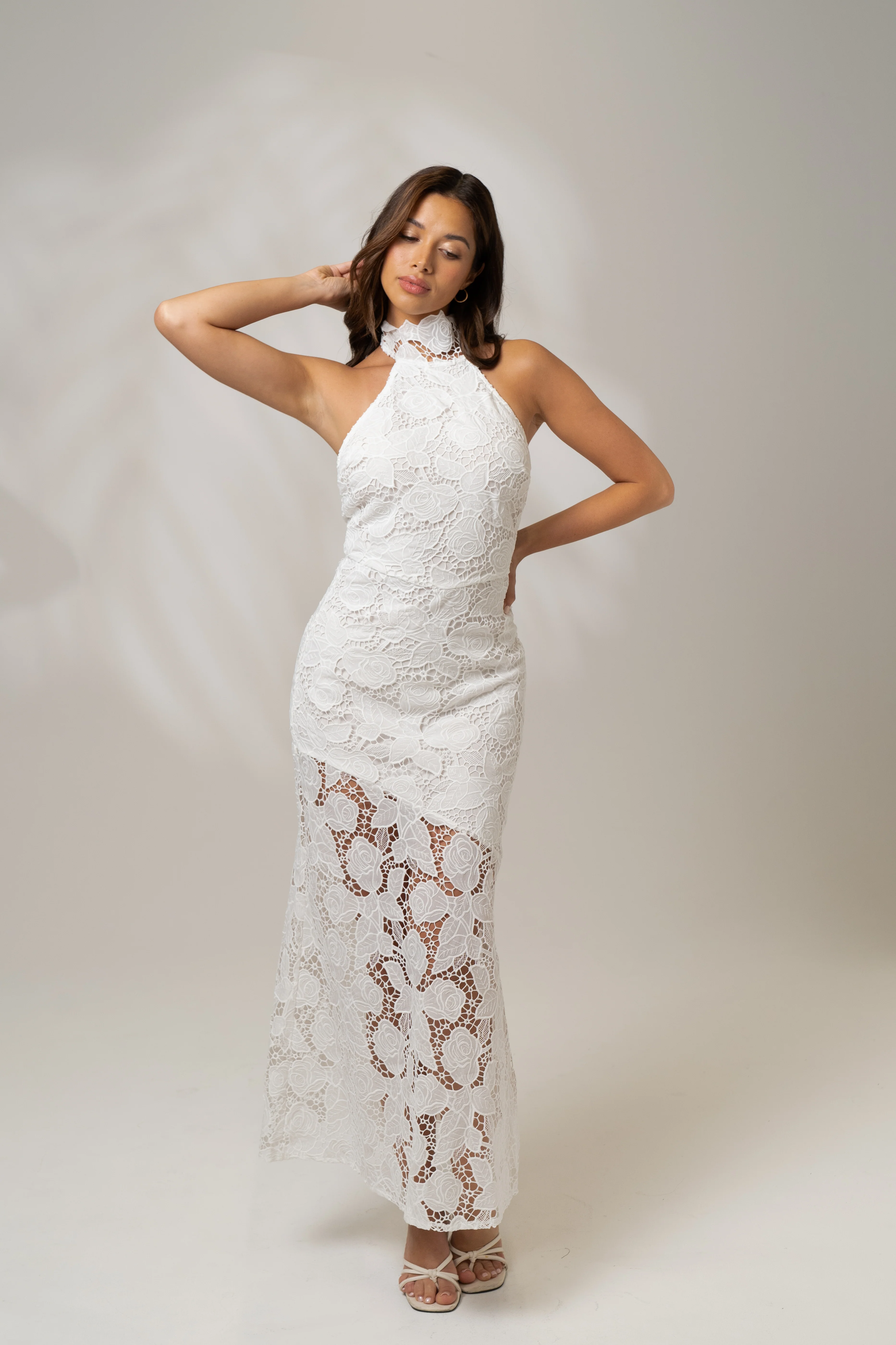 Georgia White High Neck Lace Midi Dress