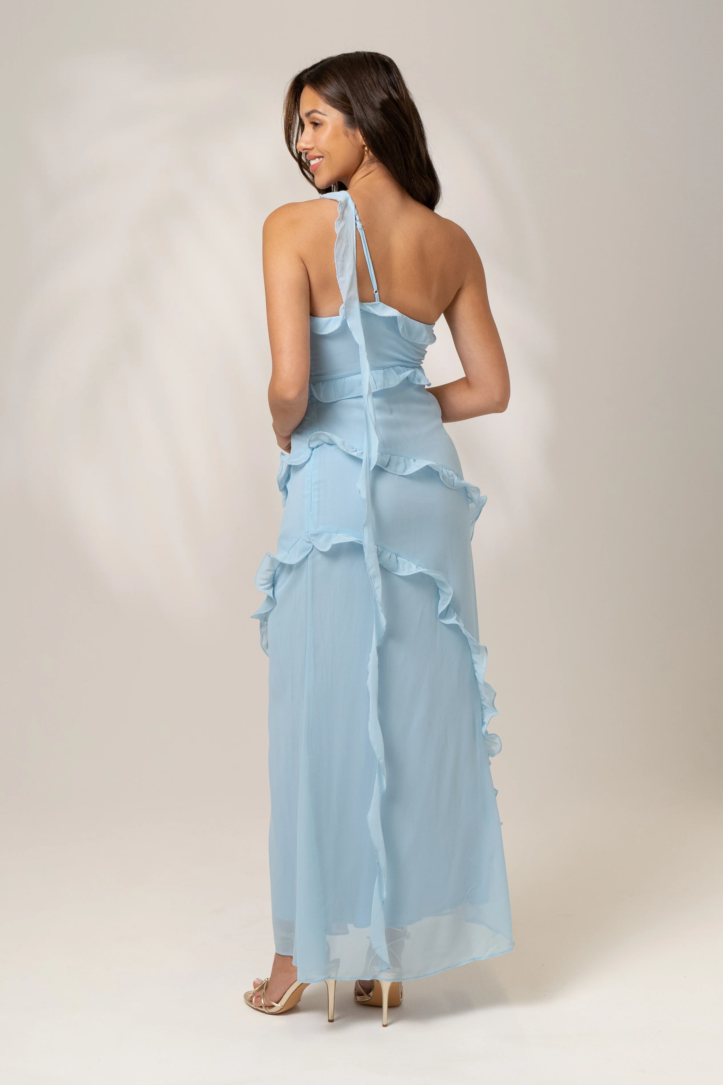 Giselle One Shoulder Blue Ruffle Cocktail Dress - Image 3