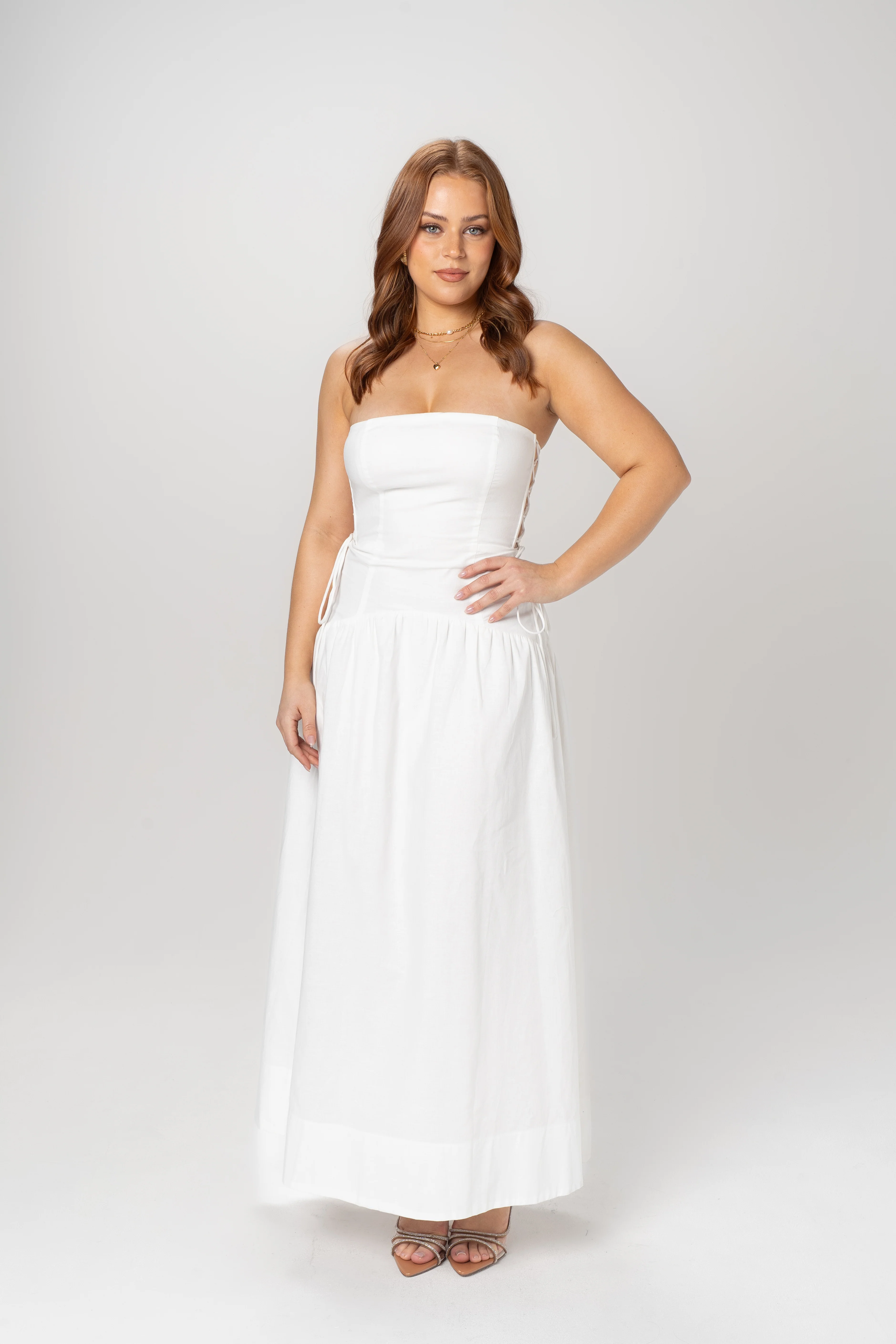 Gracelyn White Strapless Midi with Adjustable Cut-Out Ties - Image 3