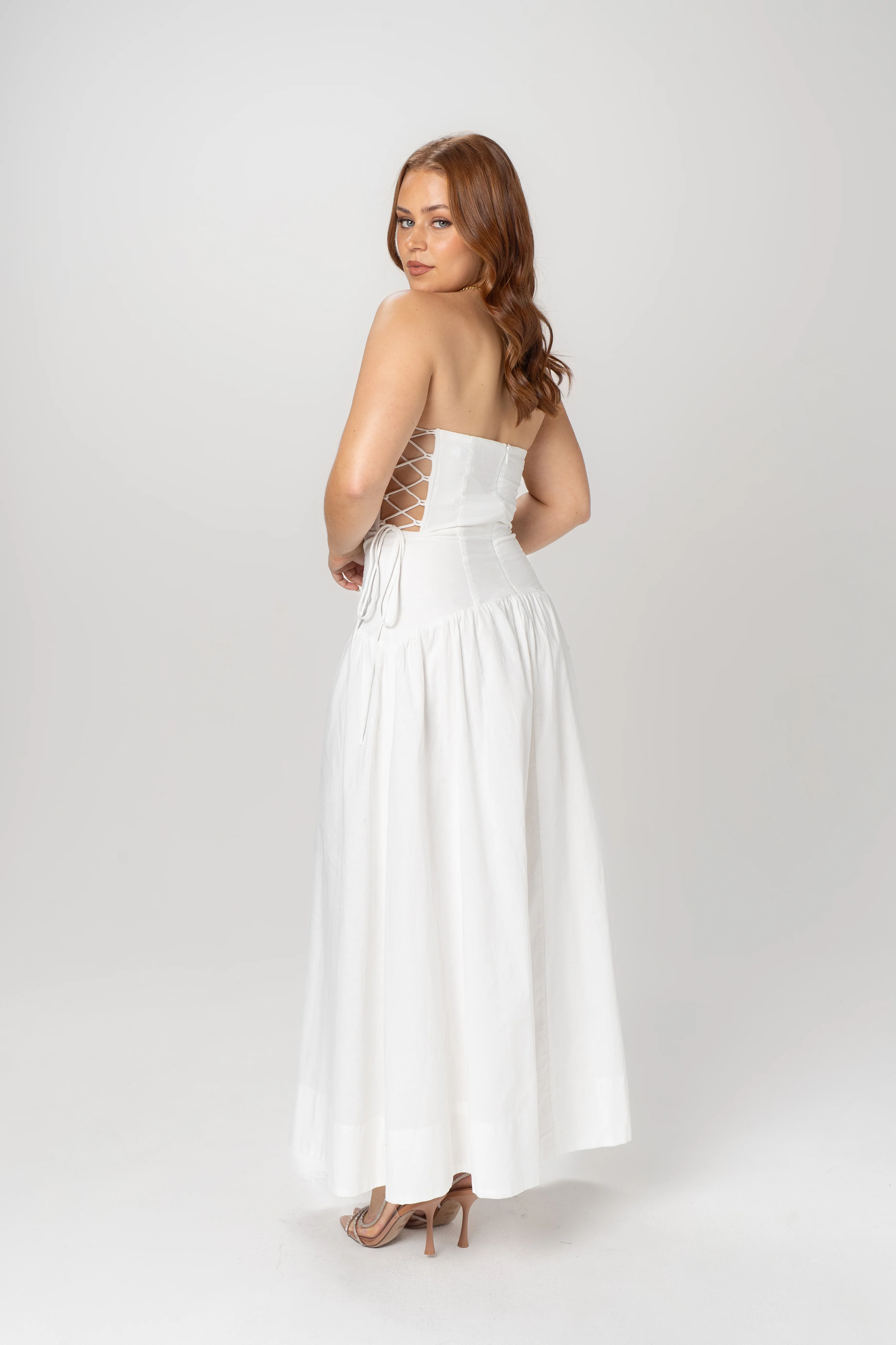 Gracelyn White Strapless Midi with Adjustable Cut-Out Ties - Image 4
