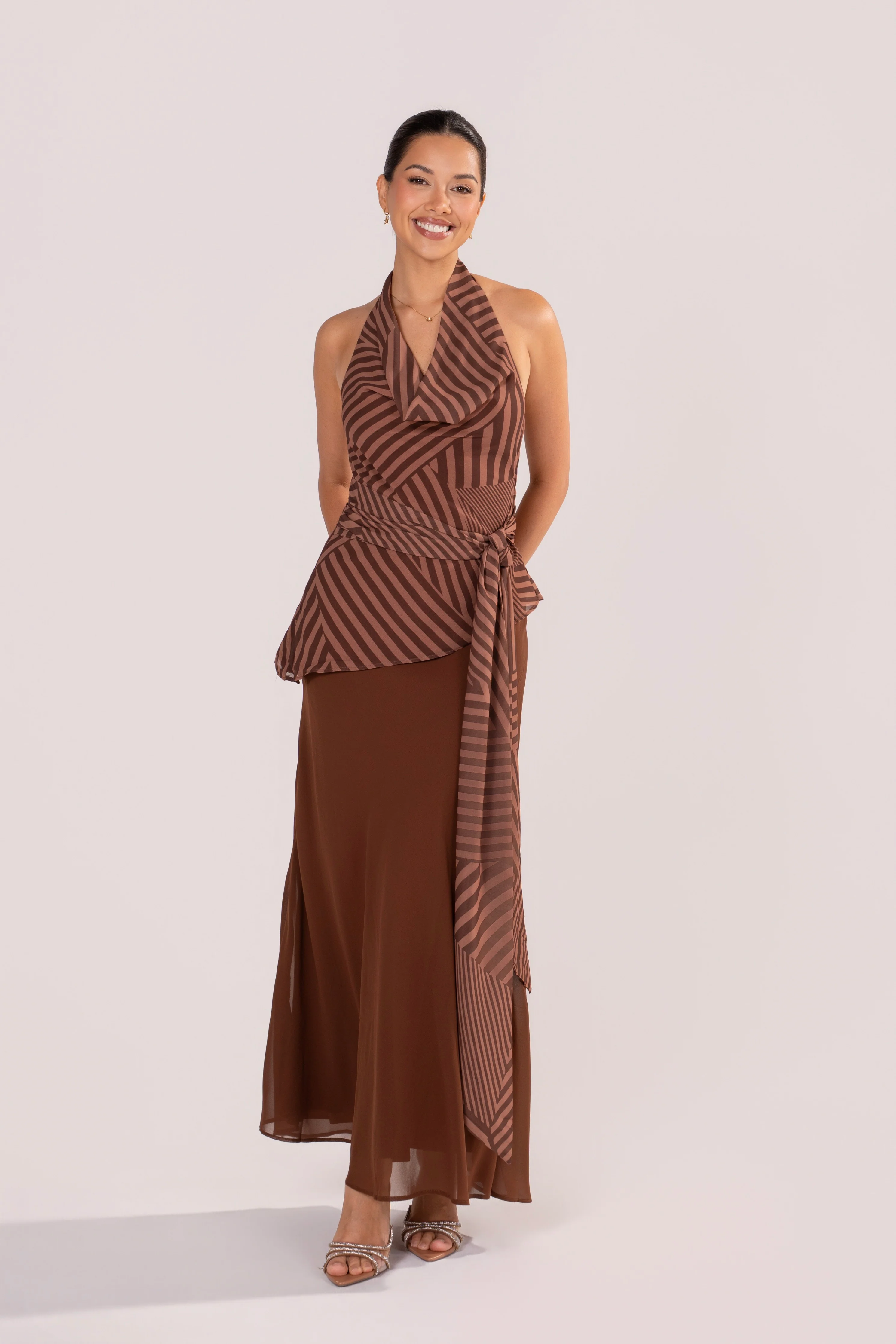 Grazia Stripe Halter Top & Chocolate Skirt Set - Image 2