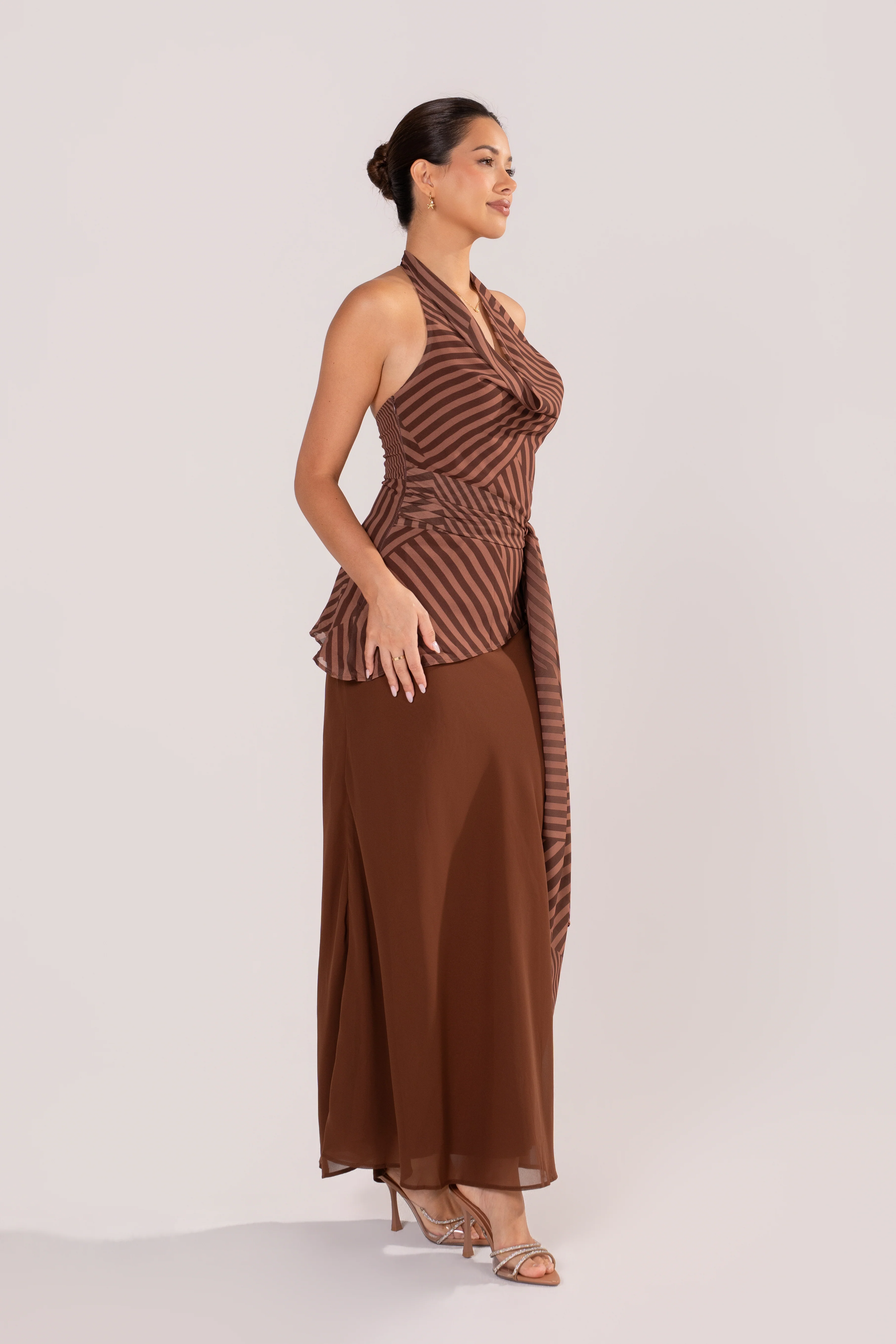 Grazia Stripe Halter Top & Chocolate Skirt Set - Image 3