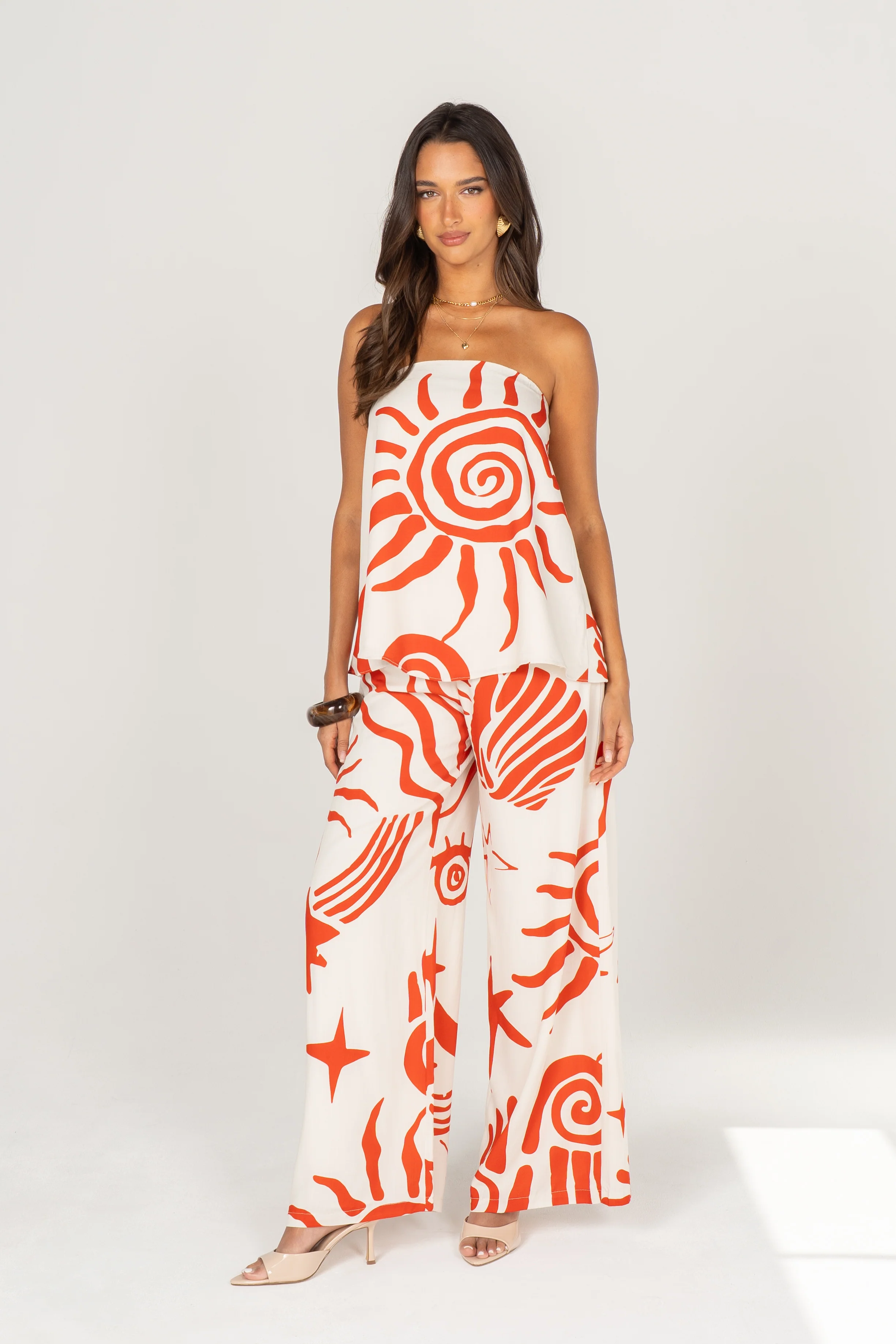 Greta Red Print Strapless Top & Wide Leg Pant Set