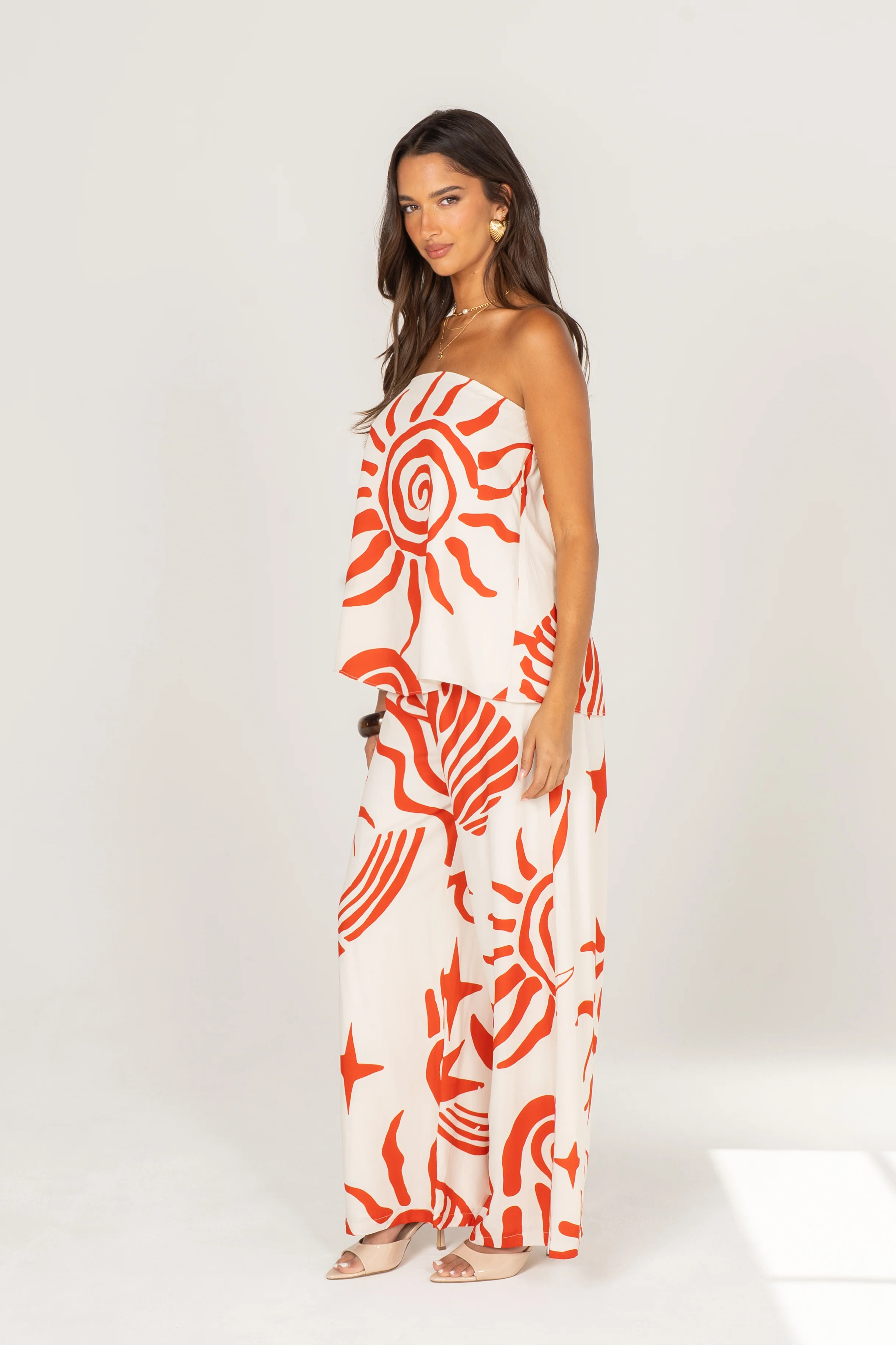 Greta Red Print Strapless Top & Wide Leg Pant Set - Image 2