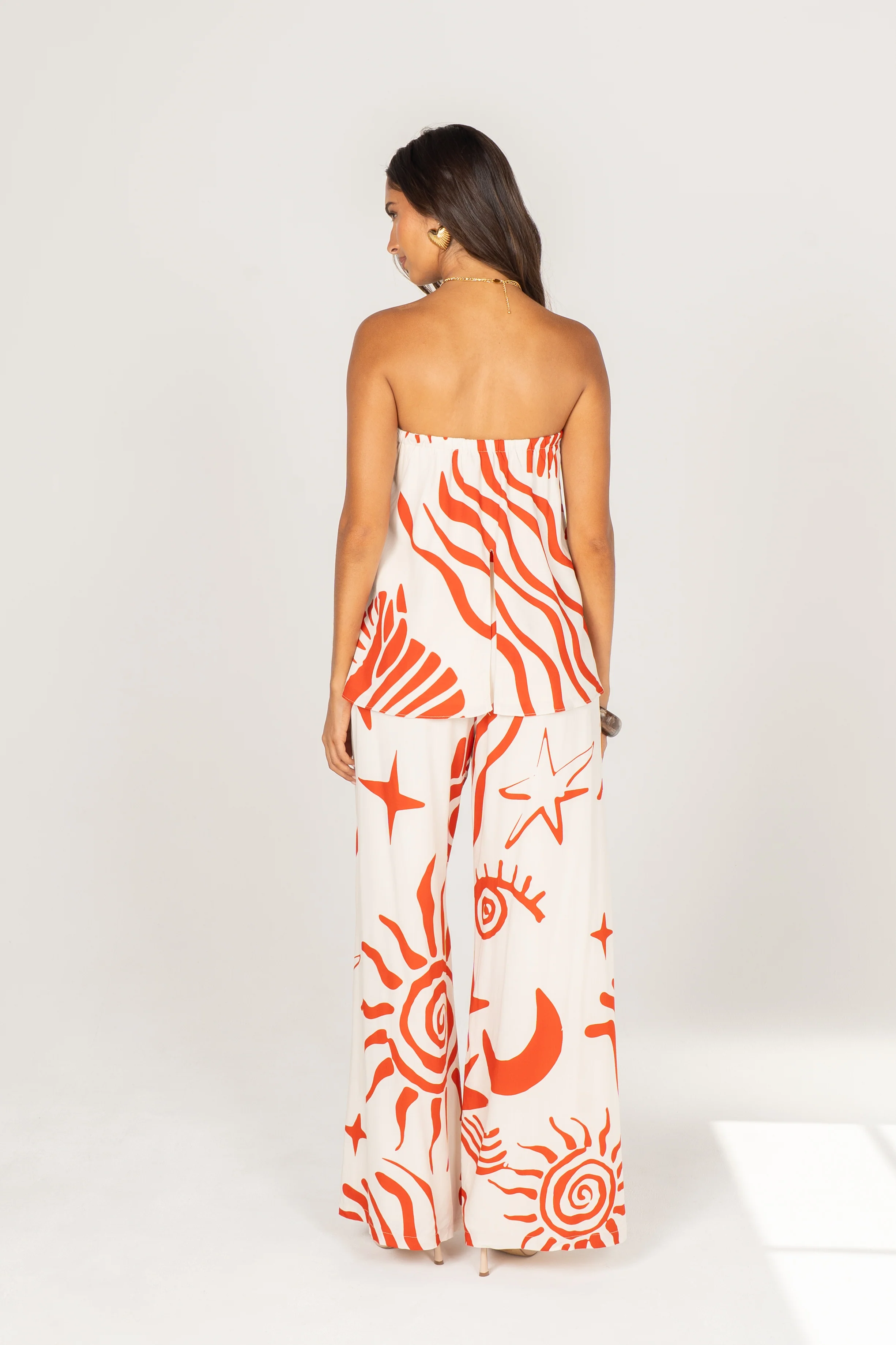 Greta Red Print Strapless Top & Wide Leg Pant Set - Image 3