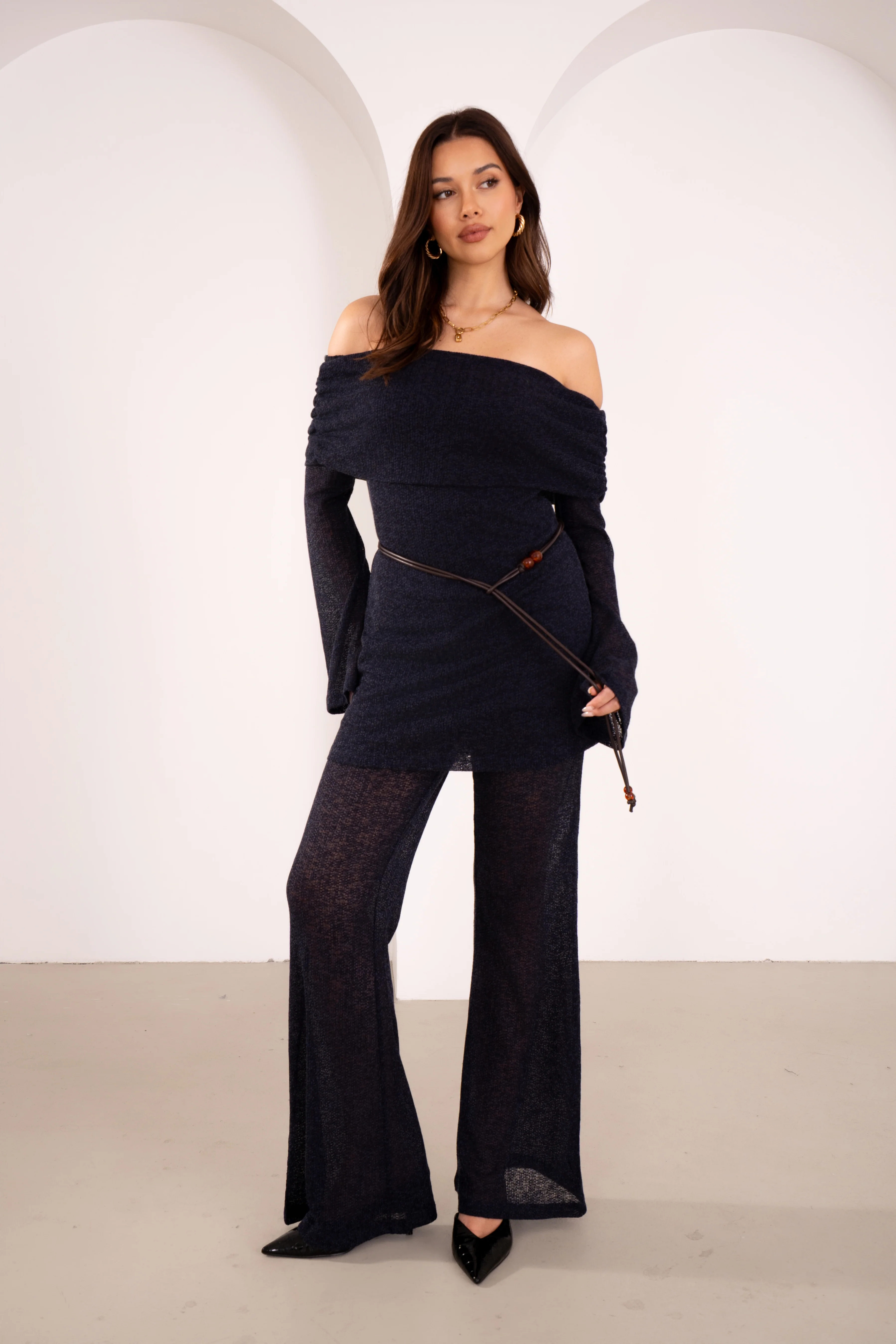 Halston Navy Off-Shoulder Long Sleeve Tunic & High Waisted Pants Set