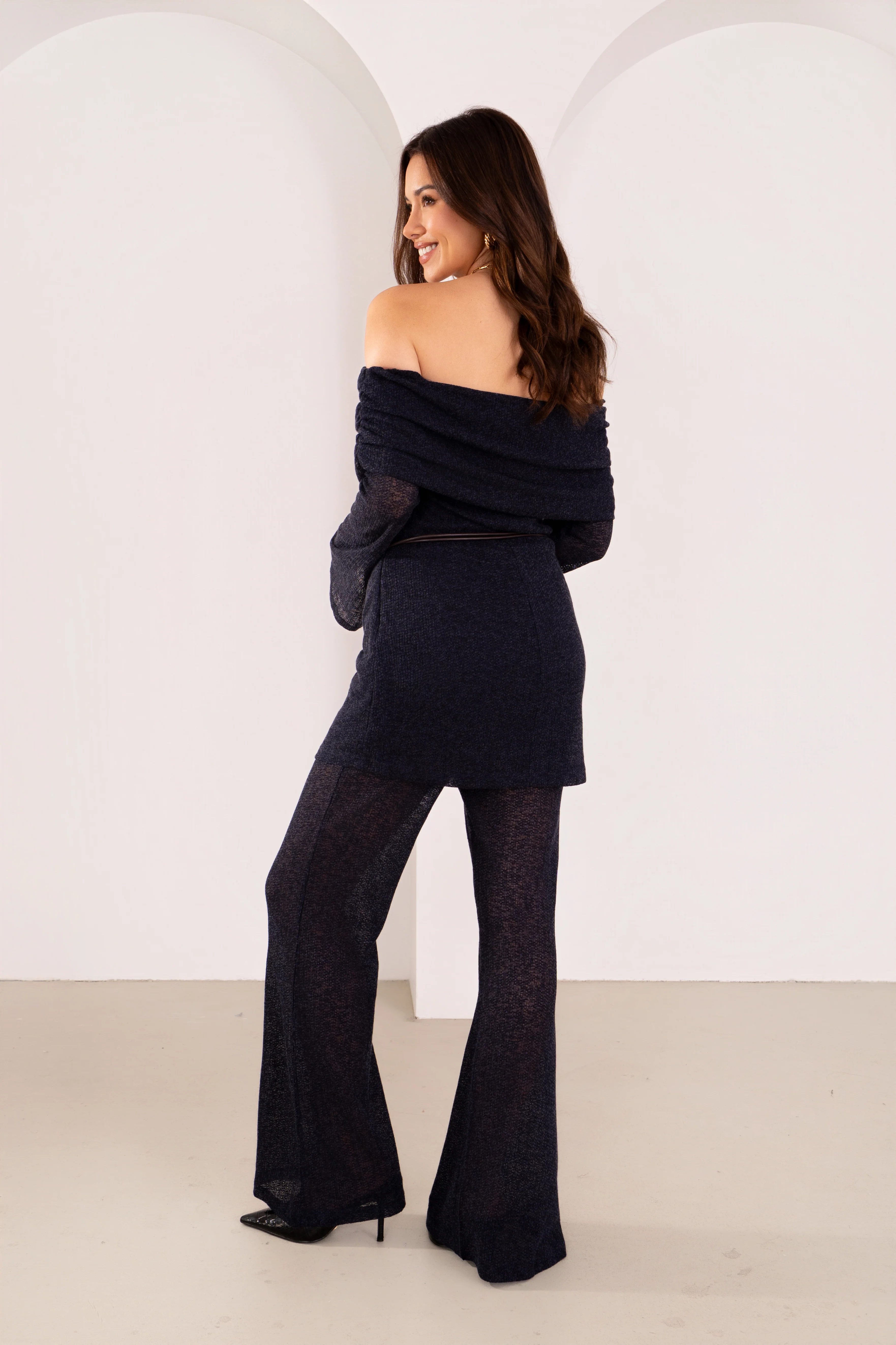 Halston Navy Off-Shoulder Long Sleeve Tunic & High Waisted Pants Set - Image 3