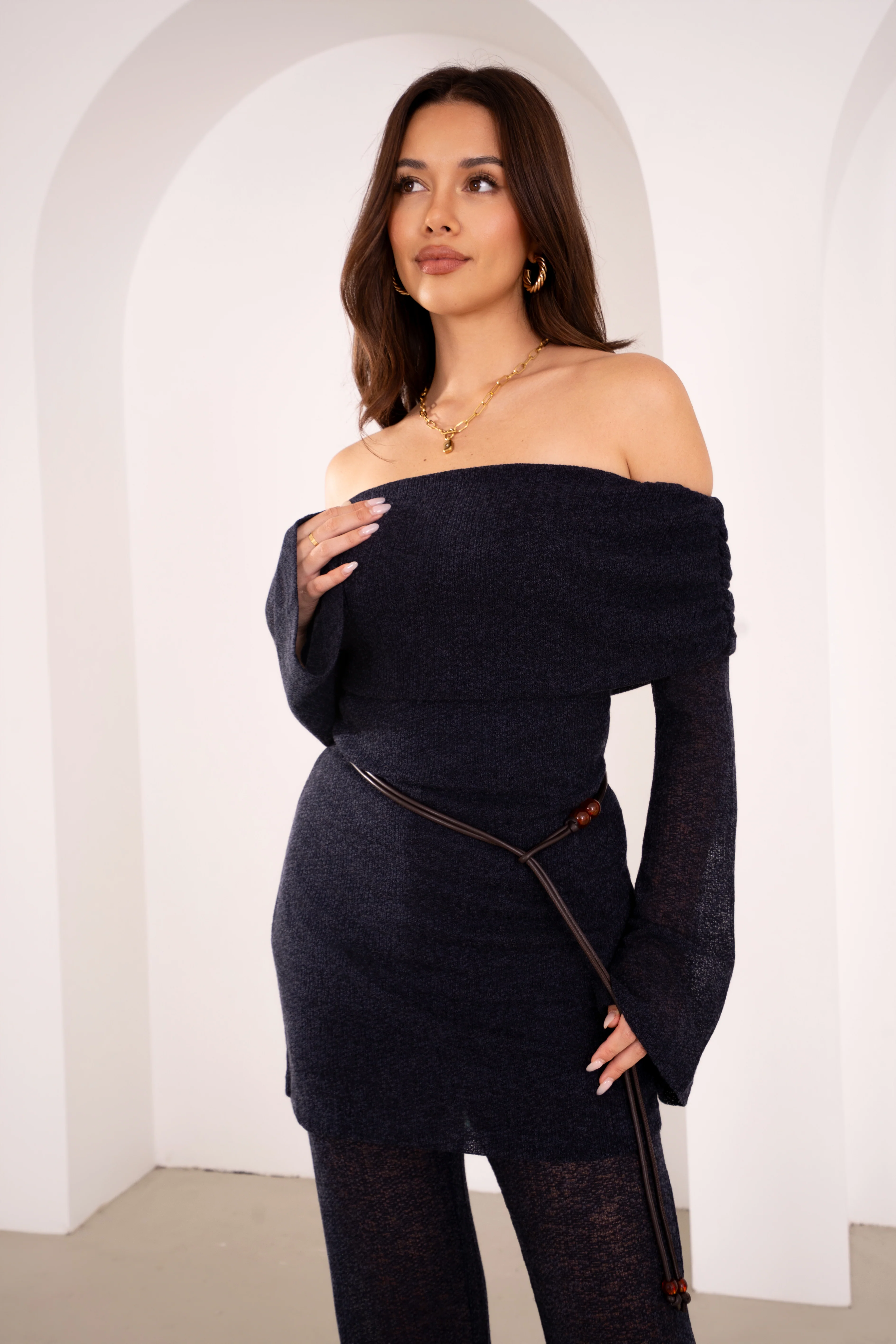 Halston Navy Off-Shoulder Long Sleeve Tunic & High Waisted Pants Set - Image 4