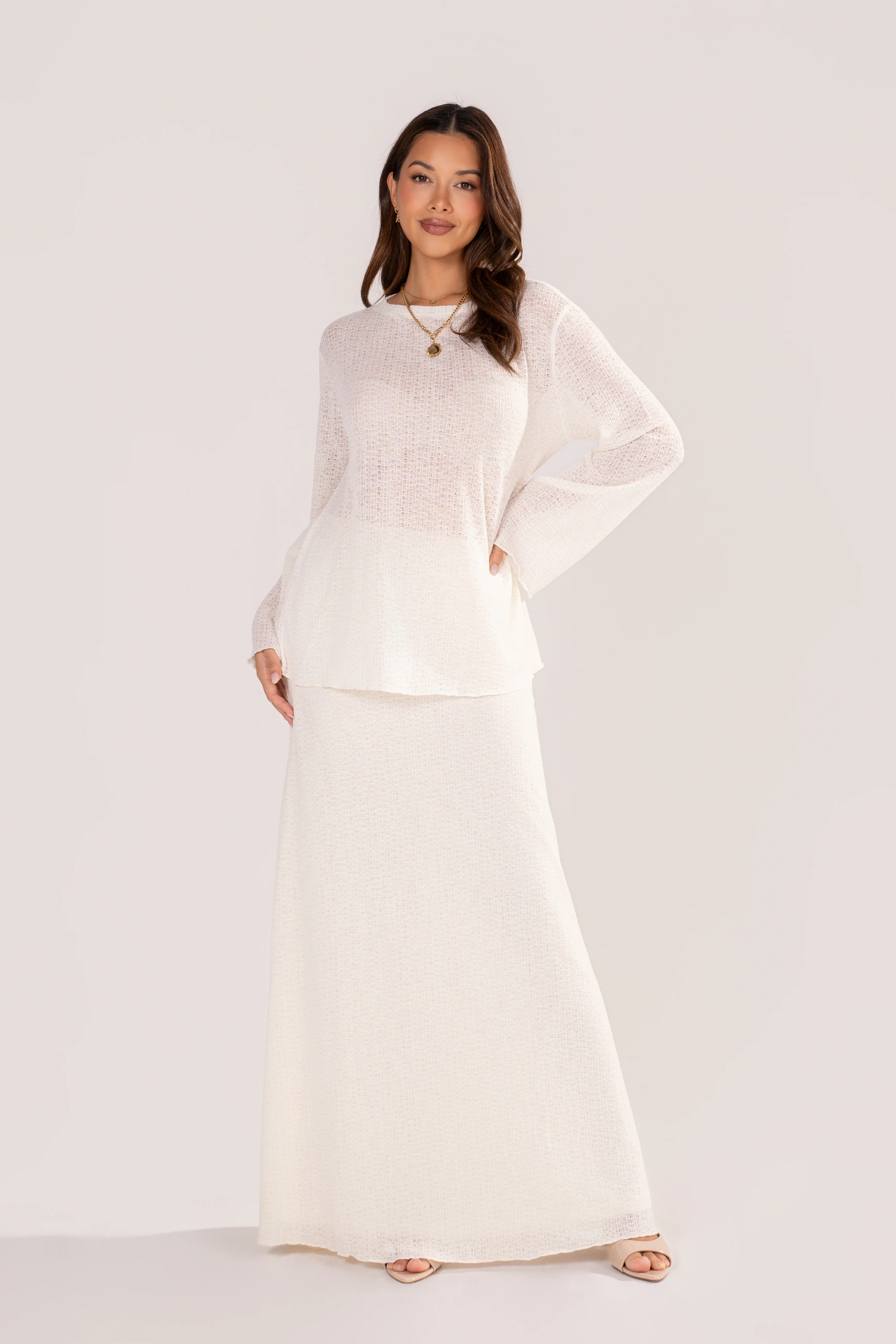 Harper Long Sleeve Cream Crochet Top & Skirt Set