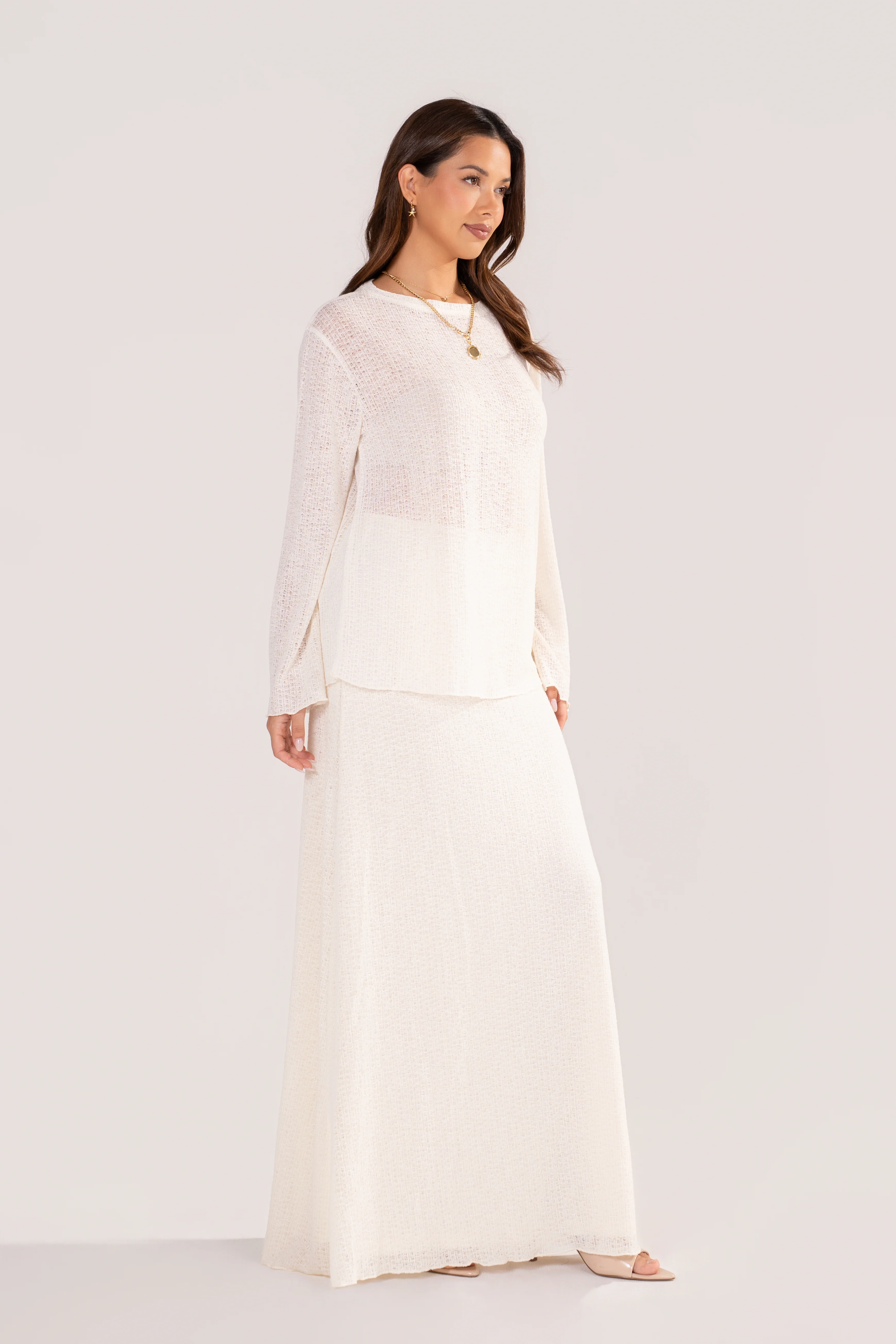 Harper Long Sleeve Cream Crochet Top & Skirt Set - Image 2