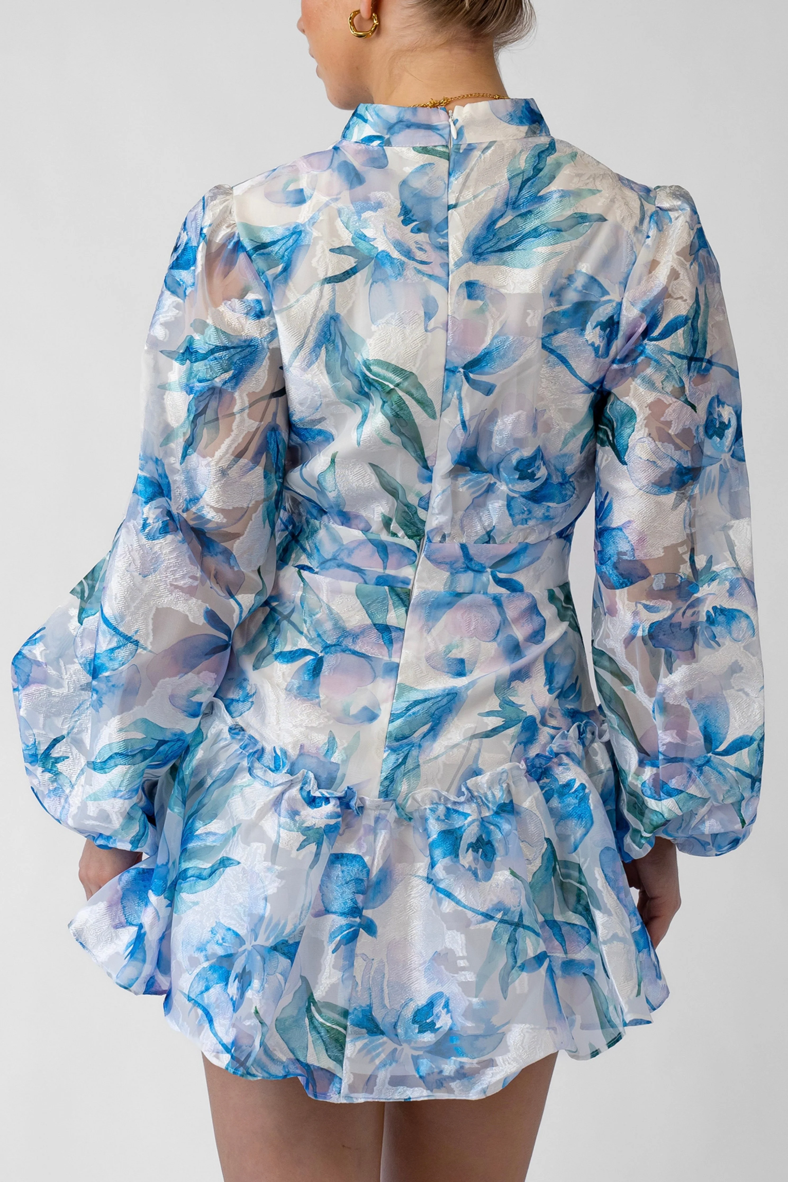 Hazel Blue Print Mini Dress with Long Sleeves - Image 4