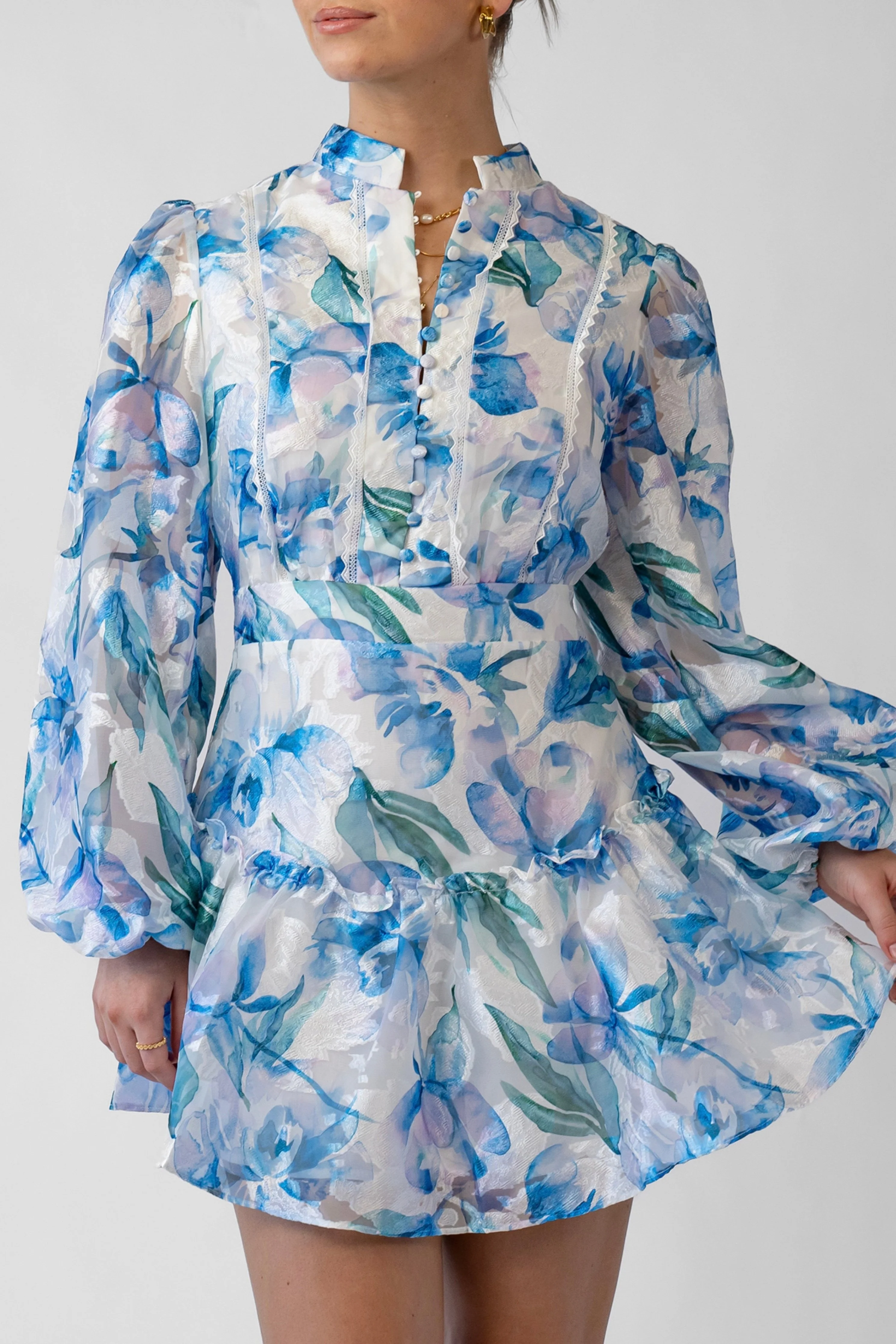 Hazel Blue Print Mini Dress with Long Sleeves - Image 5