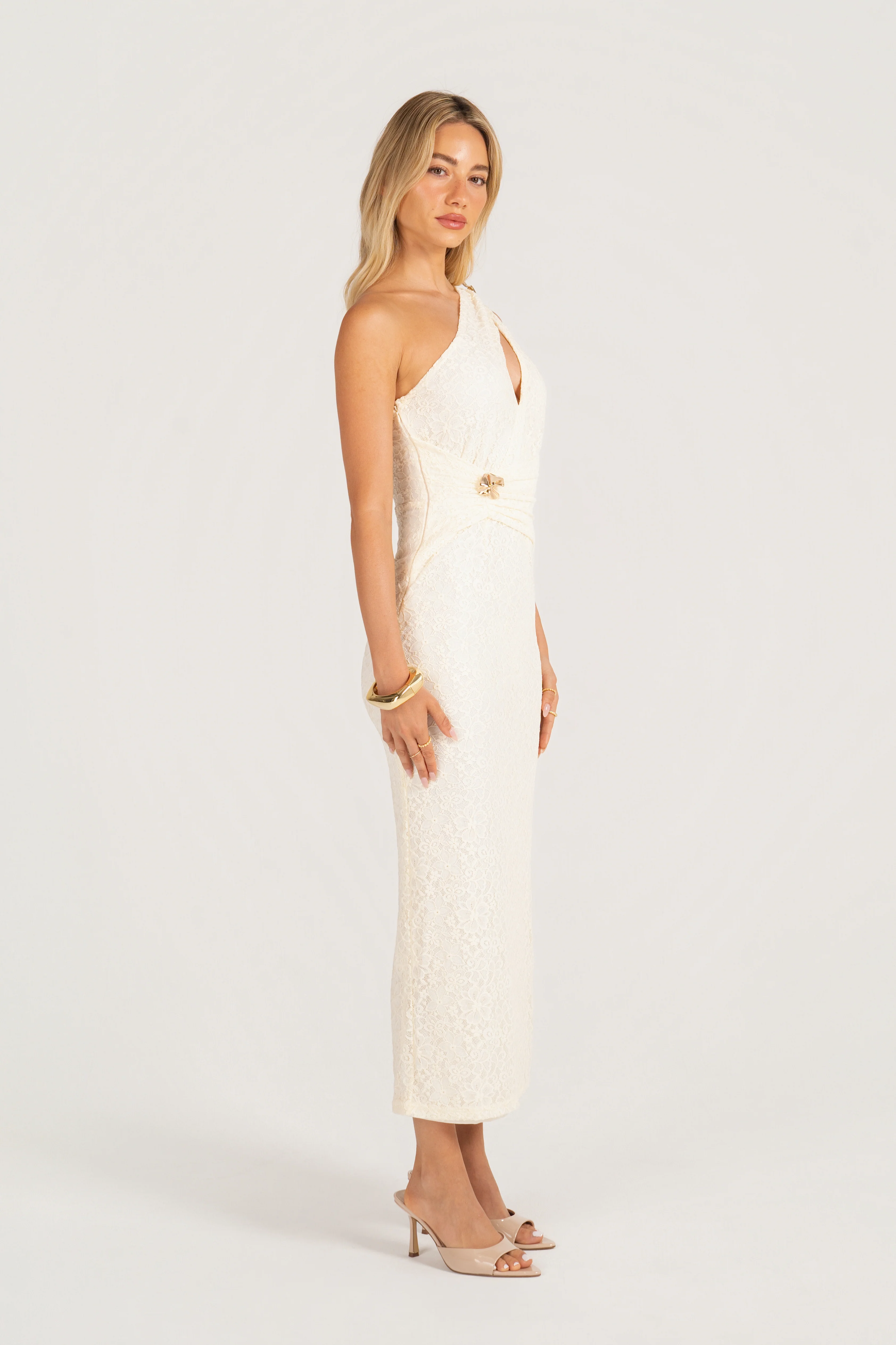 Hilarie Cream One-Shoulder Dress with Gold Accents - Image 2