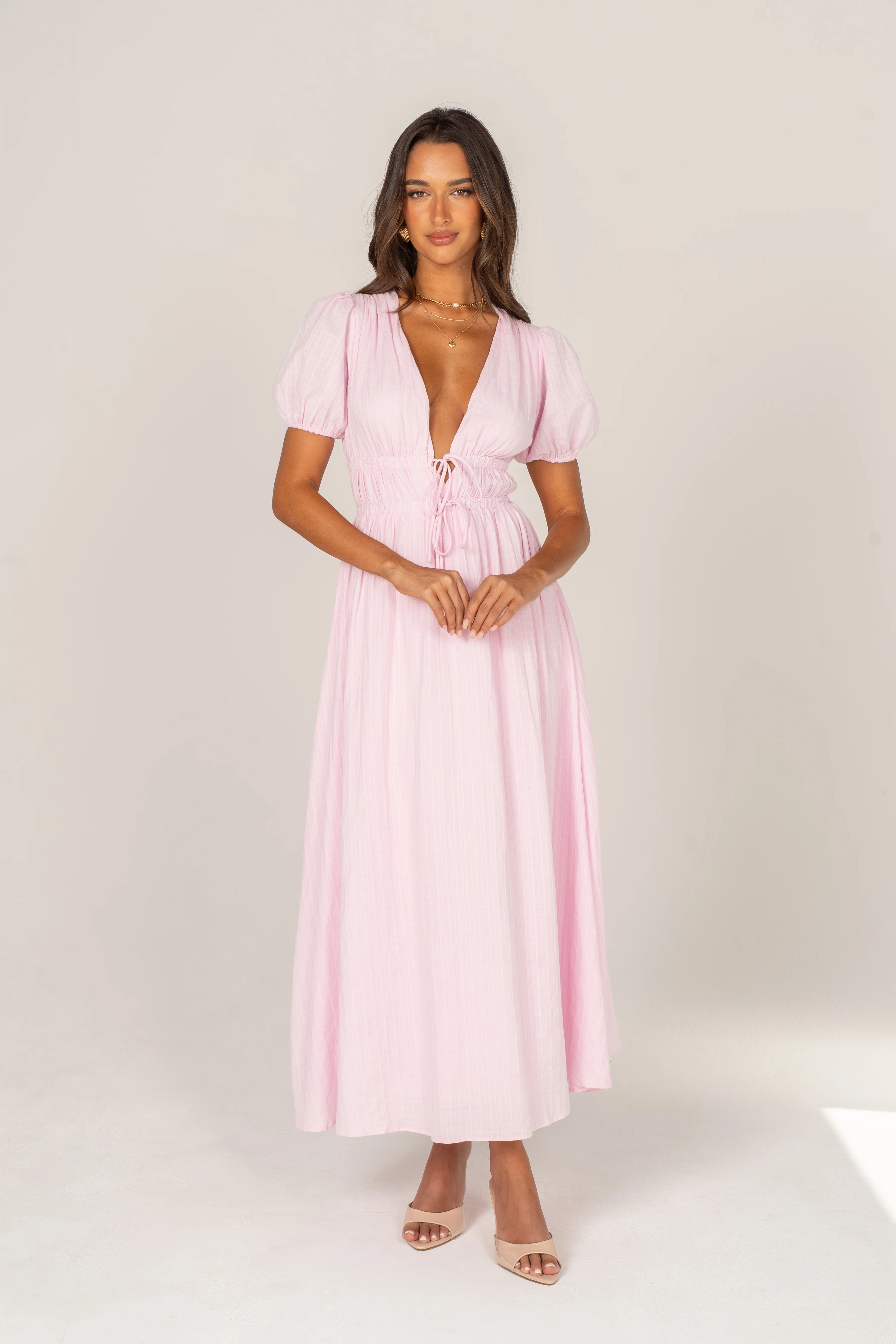 Iliana Pink Puff Sleeve V-Neck Midi Dress - Image 3