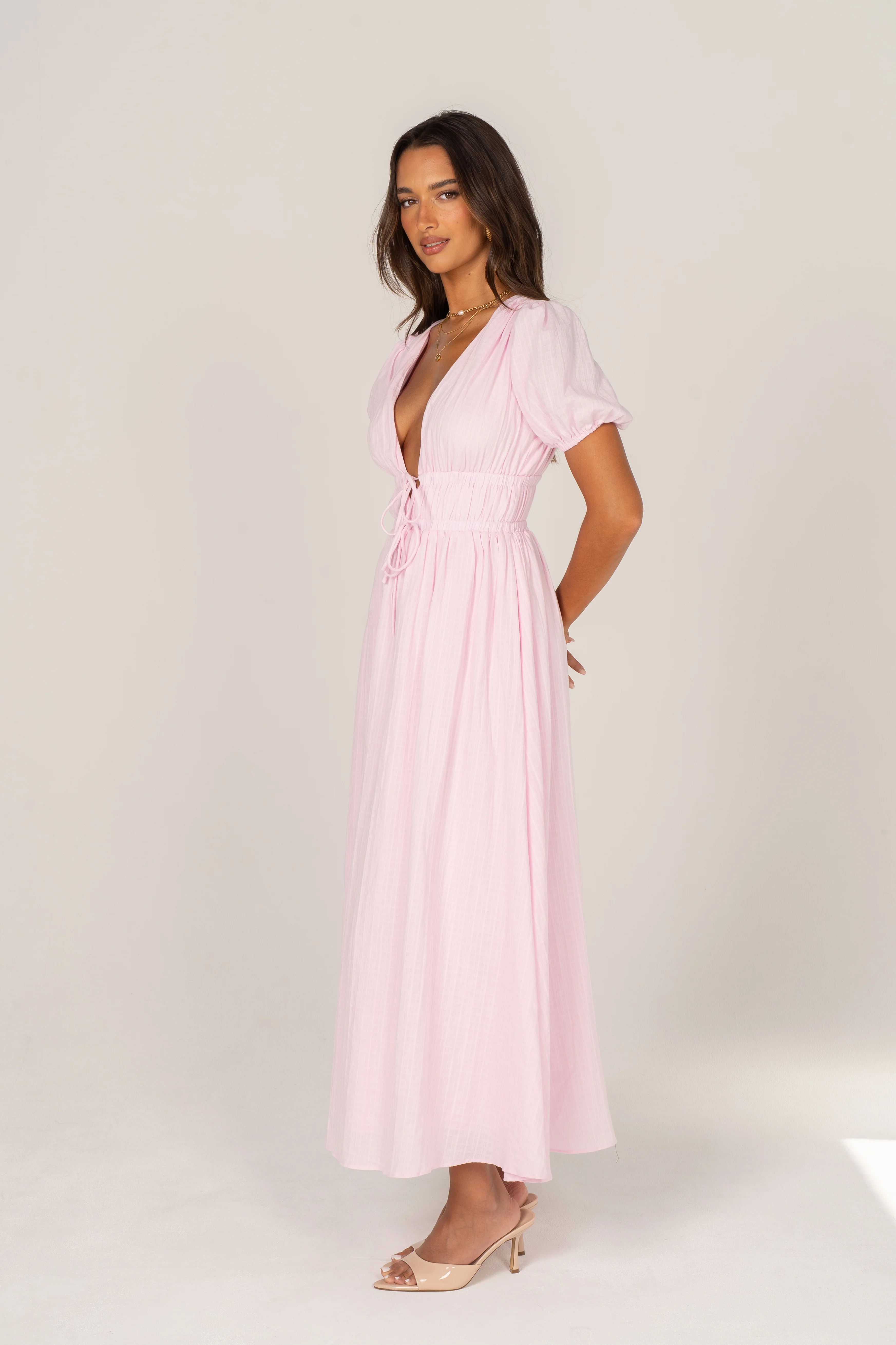 Iliana Pink Puff Sleeve V-Neck Midi Dress - Image 4