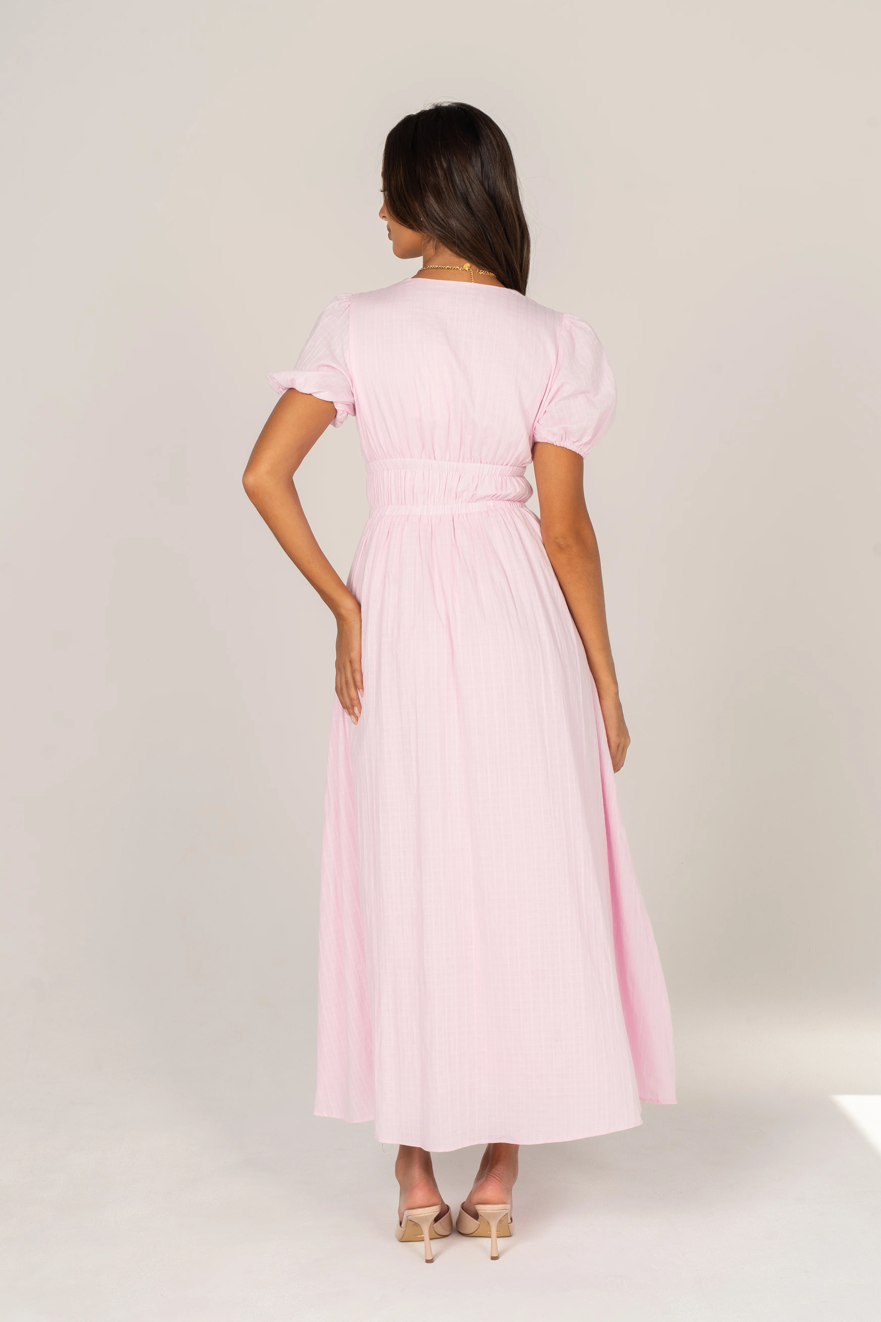Iliana Pink Puff Sleeve V-Neck Midi Dress - Image 5
