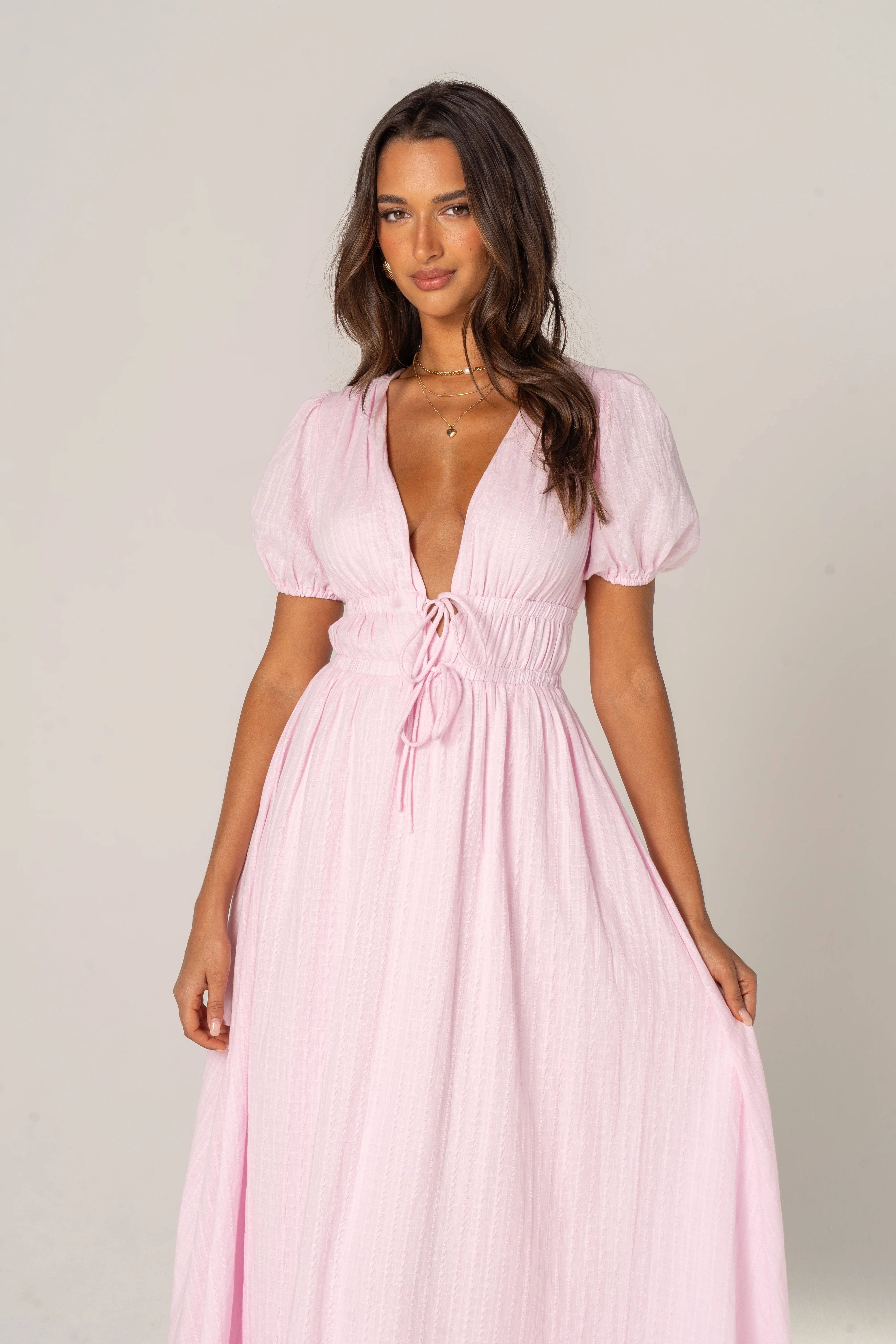 Iliana Pink Puff Sleeve V-Neck Midi Dress - Image 6