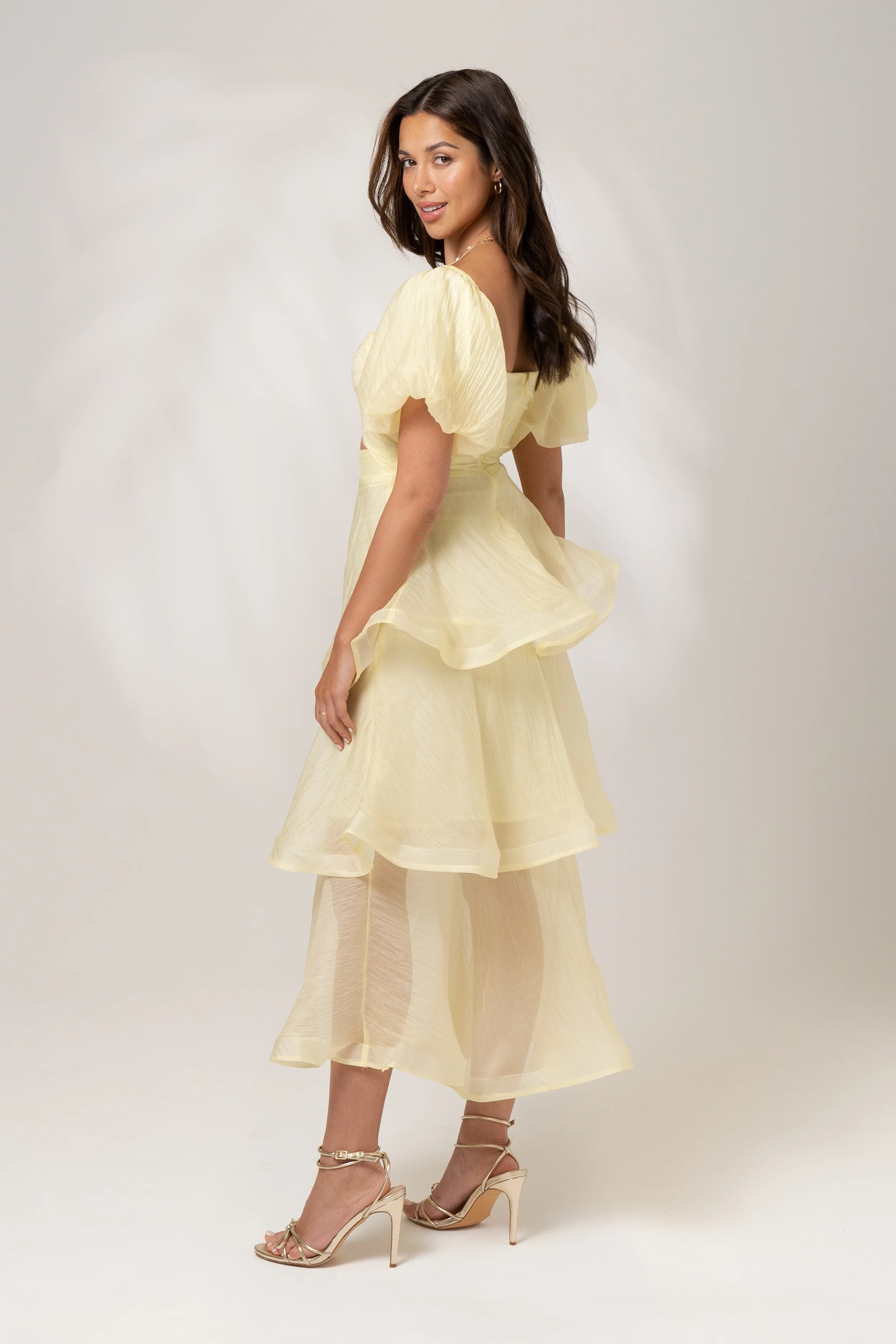 Imogen Tiered Yellow Midi Dress with Puff Sleeves - Image 3