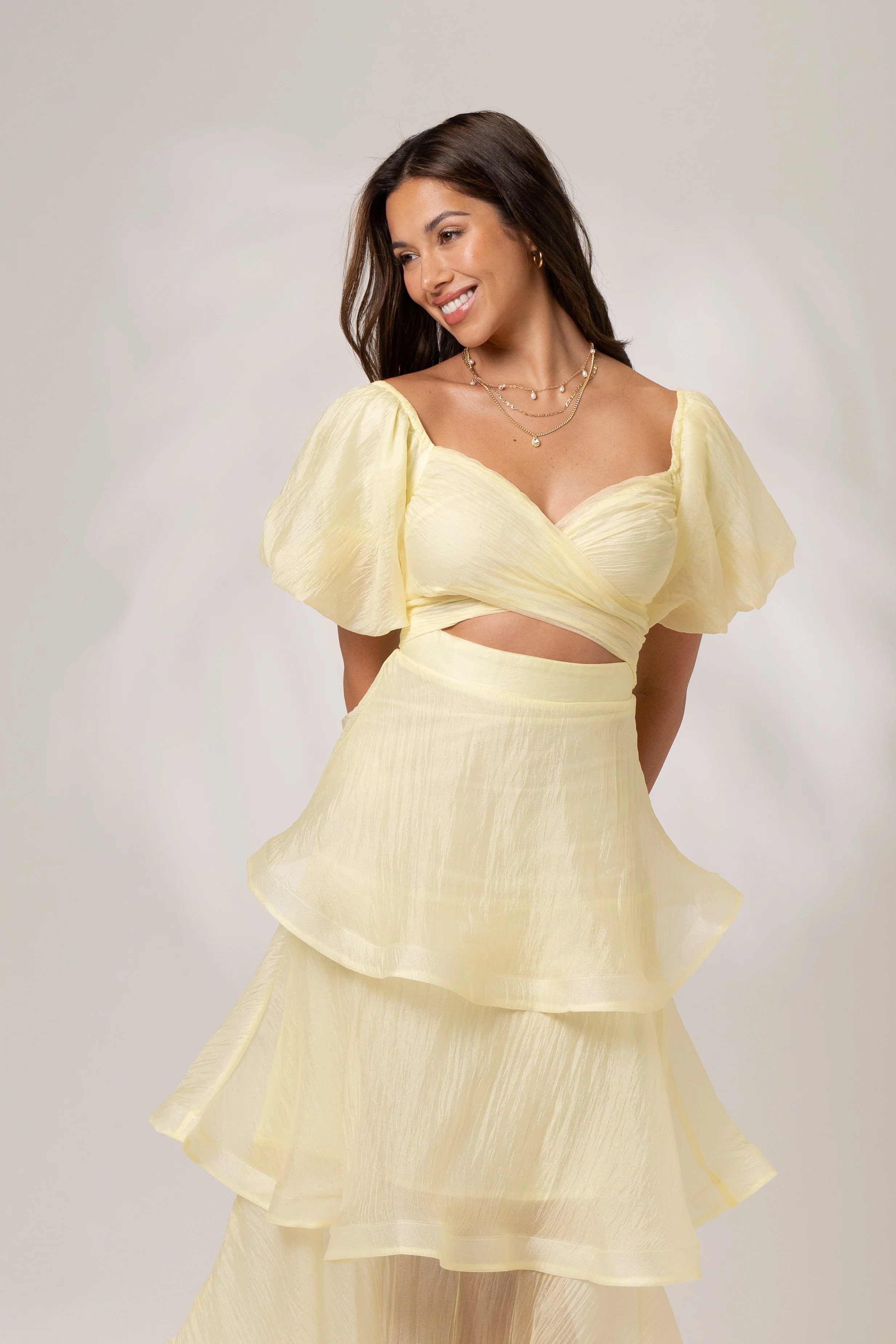 Imogen Tiered Yellow Midi Dress with Puff Sleeves - Image 4