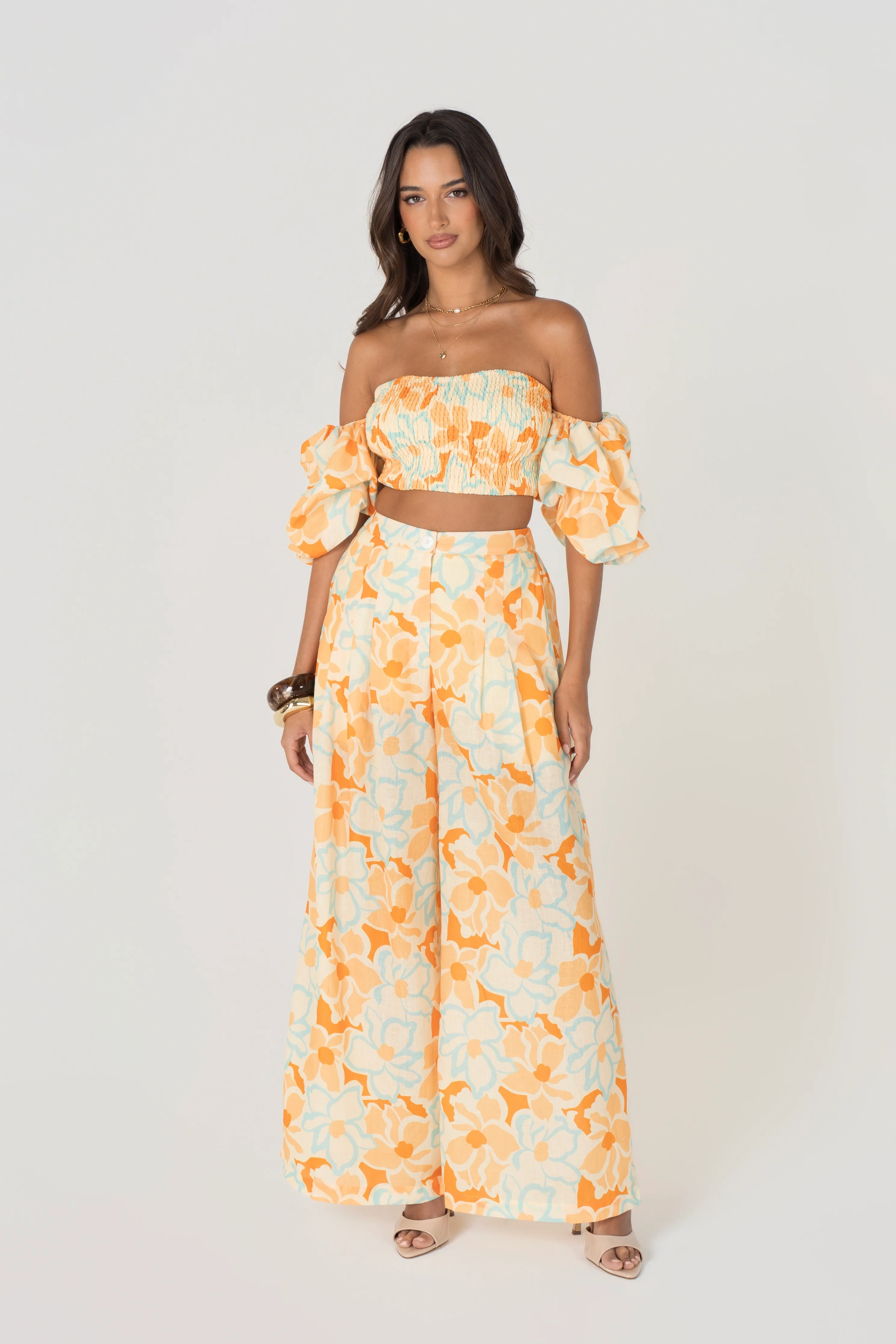 Isela Floral Off Shoulder Puff Sleeve Top & Pant Set