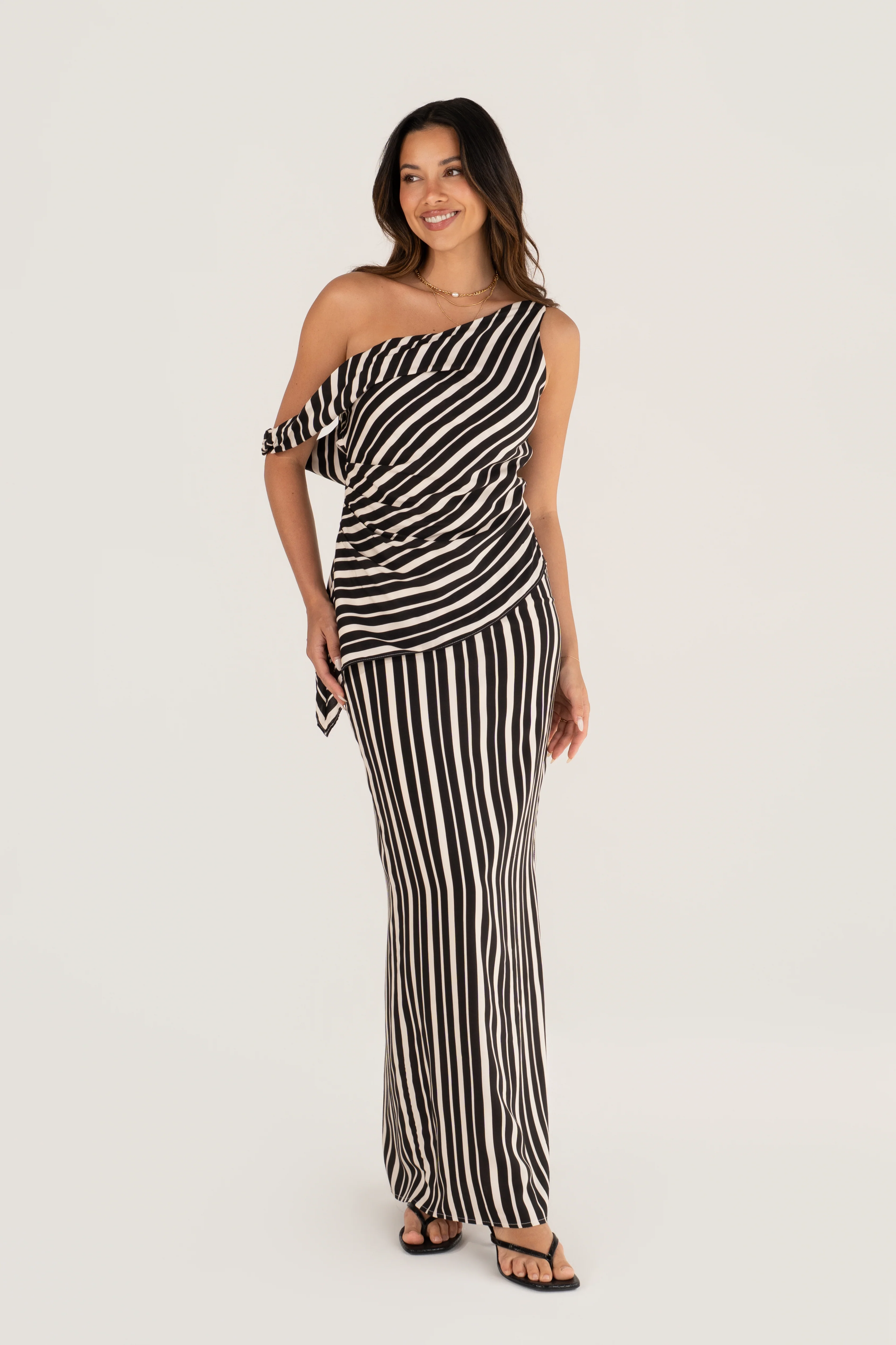 Iskira Black & White Stripe Asymmetrical Top & Maxi Skirt Set