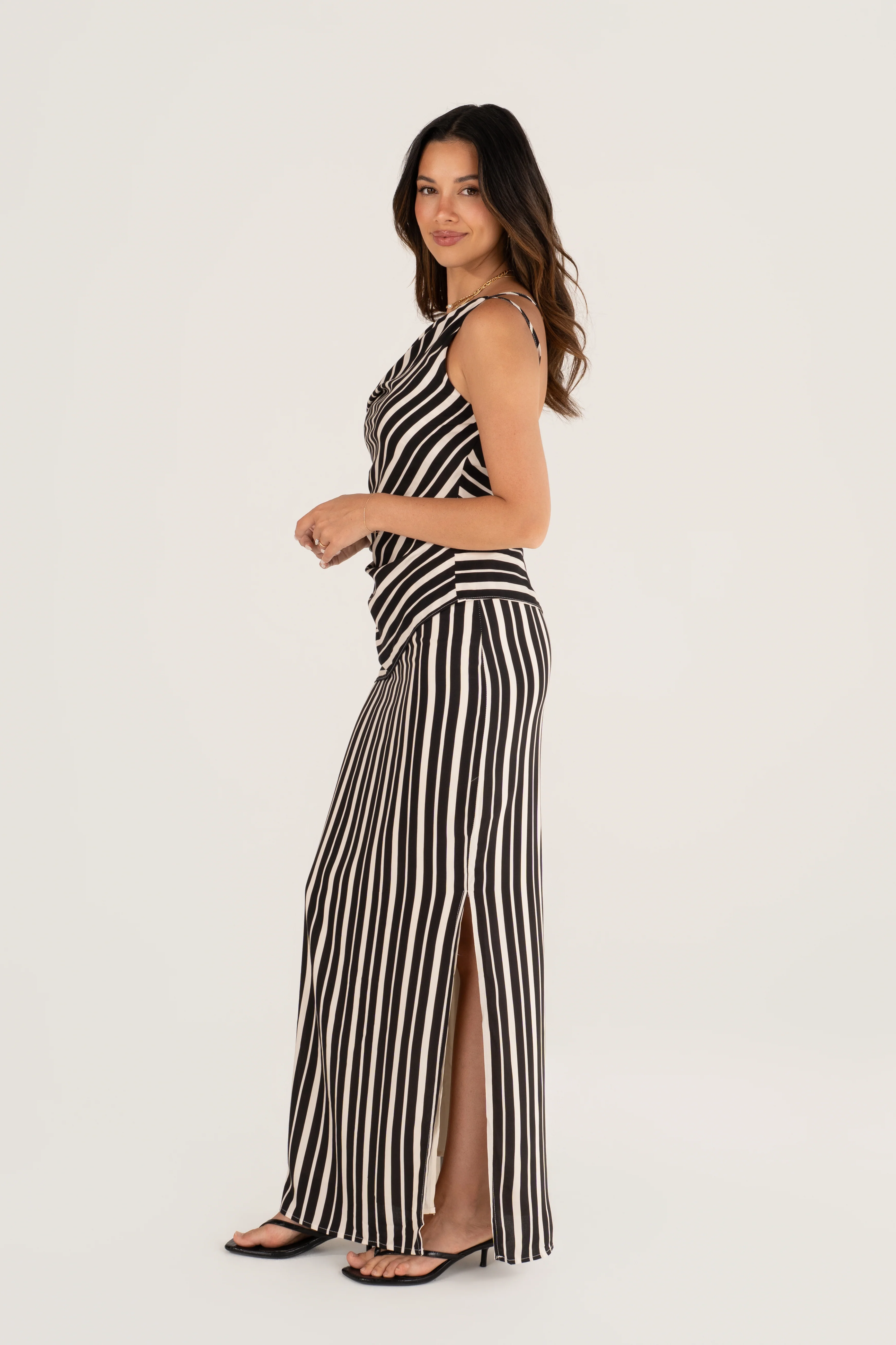 Iskira Black & White Stripe Asymmetrical Top & Maxi Skirt Set - Image 2