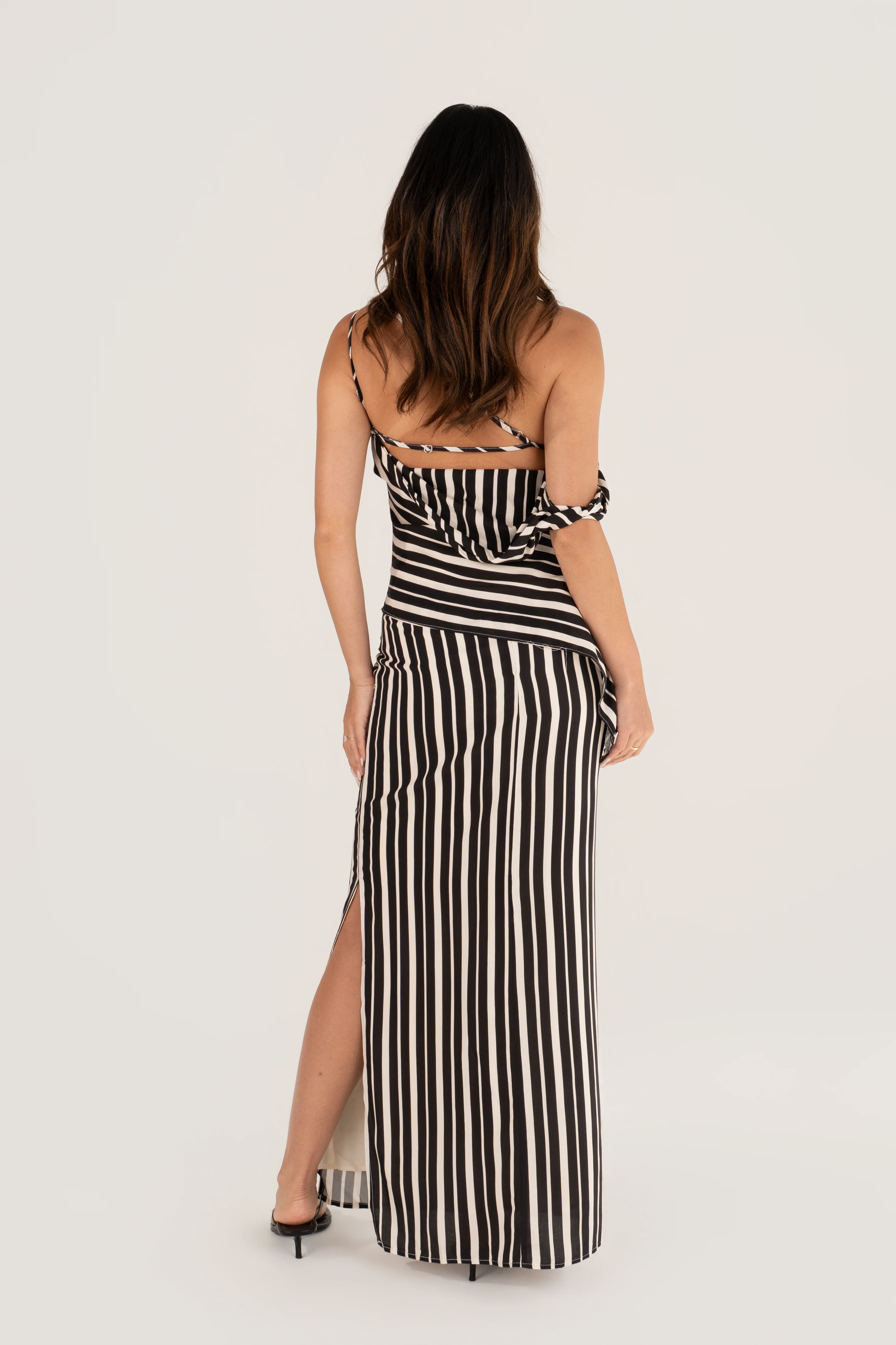 Iskira Black & White Stripe Asymmetrical Top & Maxi Skirt Set - Image 3
